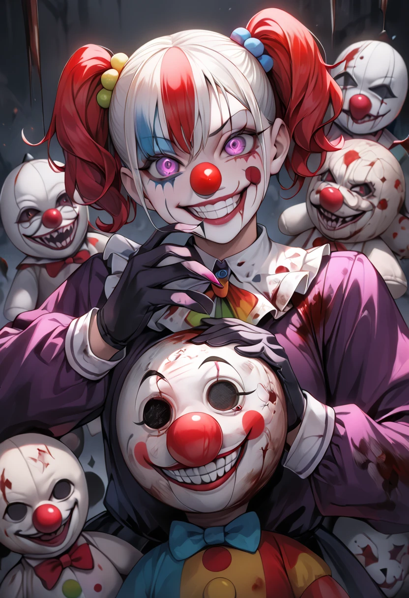 Woman dressed as a clown painted her face like a little clown with a big psycho smile and blood on her face with a knife in her hand with a fat butt