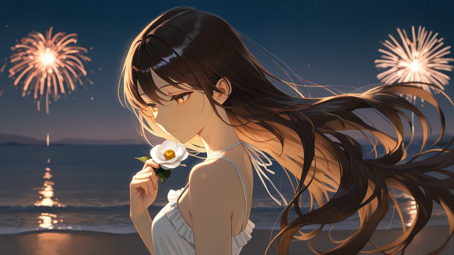 a style of shahua , <lora:ShaHua_Lora:0.4>
{{{masterpiece}}},{{bestquality,superfineillustration,beautifulanddelicatewater,Thefinestgrass}}.((beautifuleyes)),{verydelicatelight,perfectanddelicatelimbs},{nature,painting,waterspray},{{fineluminescence,veryfine8KCGwallpaper}},Lavendereyes,pinkpupils,wholebody,whitehair,brighteyes,((anextremelydelicateandbeautifulgirl)),((1girl)),mediumbust,dynamicangle,(whitedresswithgolddecoration),(longhairflowingwiththewind,beautifulhairornaments,delicatewetskirt,nsfw,breeze,longbangsbetweeneyes),wrinkledskirt,(staringblankly,lovelybigeyes),messy_hair,payot,Lateralbraid,(Tullelacewhiteskirt) Flowersandgrassmeadow,nearthewateredge,((sunset,starryskyinacircle),randomlydistributedclouds,(((river))),splashingwater,fallingpetals