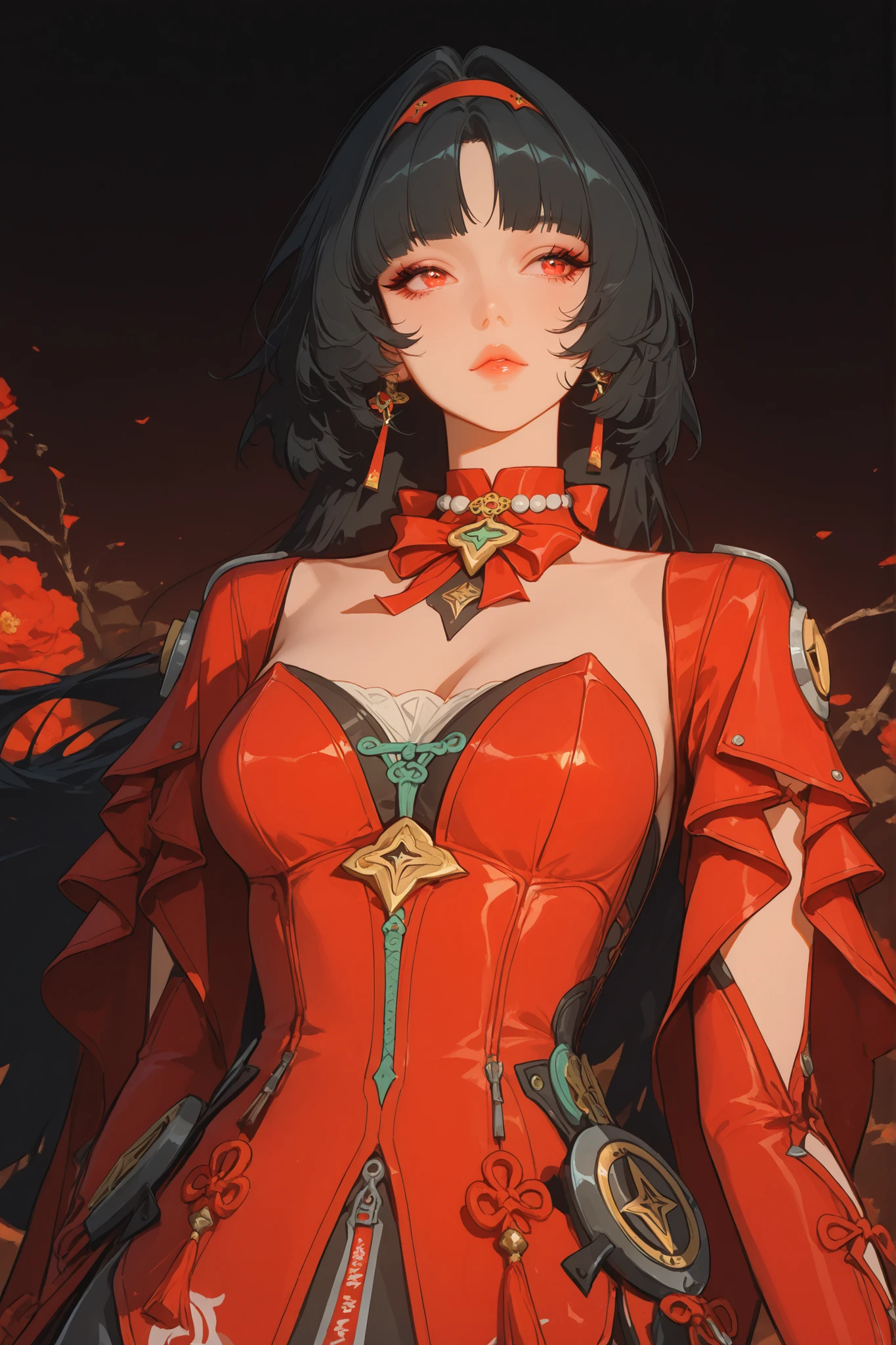 Ultra-high quality, medium shot, 2D anime illustration, thick painting style, pseudo thick painting, delicate and soft brushstrokes. Beautiful adult girl, Astra Yao (Zenless Zone Zero), black hair, long hair, red eyes, clear facial features, elegant lips, looking forward. Wearing red clothes, elegant pose. Dark background, cinematic lighting, dynamic composition, high-detail anime art style.