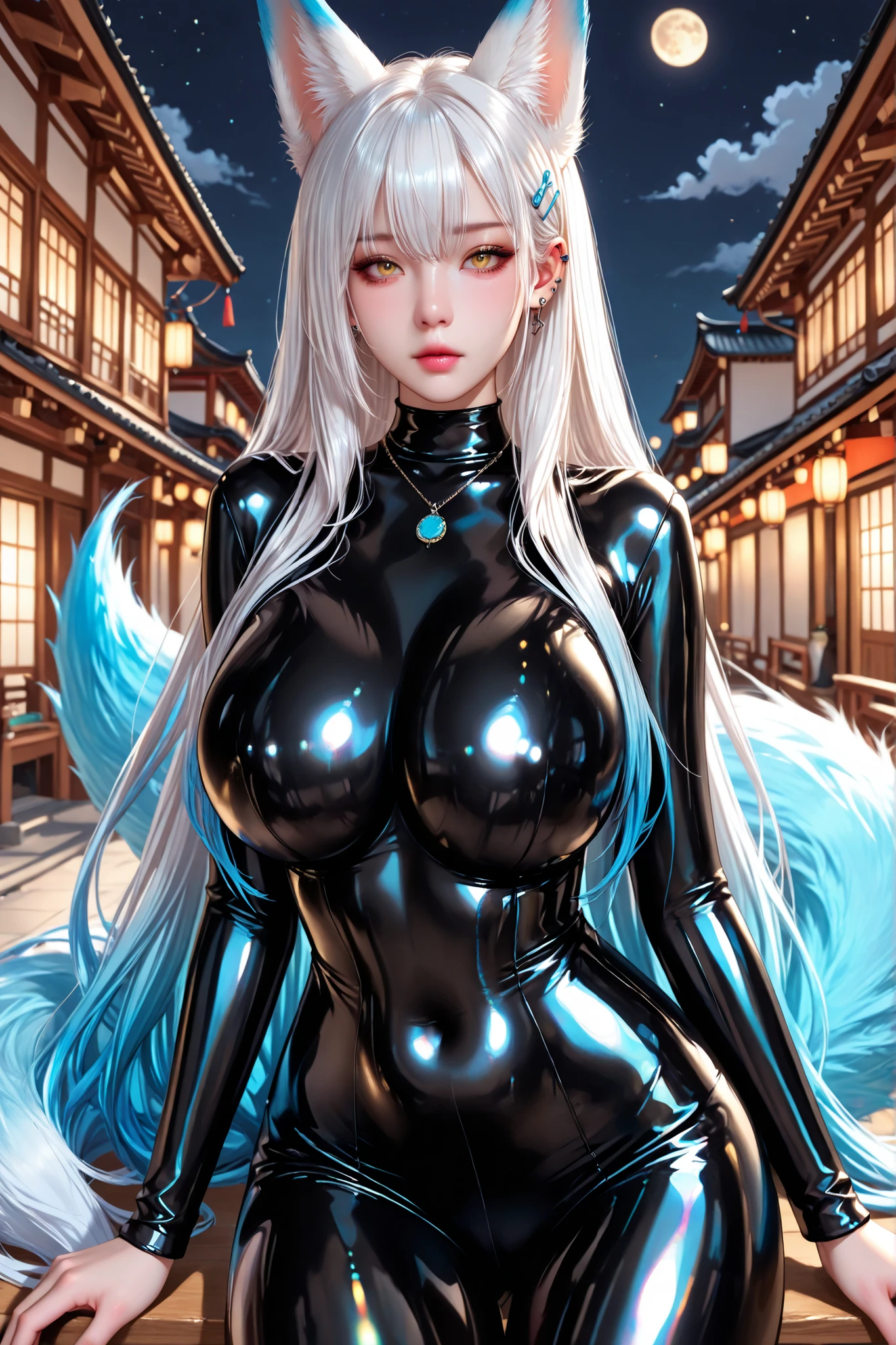 ruanyi1046,black bodysuit,shiny clothes,skin tight,slender legs, masterpiece, portrait, 1 girl, Single perfect face, perfect anatomy, dress up, kitsine, extremely detailed, yellow eyes, more details, orange, kitsune, many blue tails, white hair, fox ears, belly button, lips, hair clip, gradient hair, long hair, multi-color hair, Single, white long hair, looking at viewer, big breasts, huge breasts, ear piercings, latex stockings, necklace, fox ears, moon resolution, sakura in the garden, night, extremely detailed, 8k, HDR, portrait,
