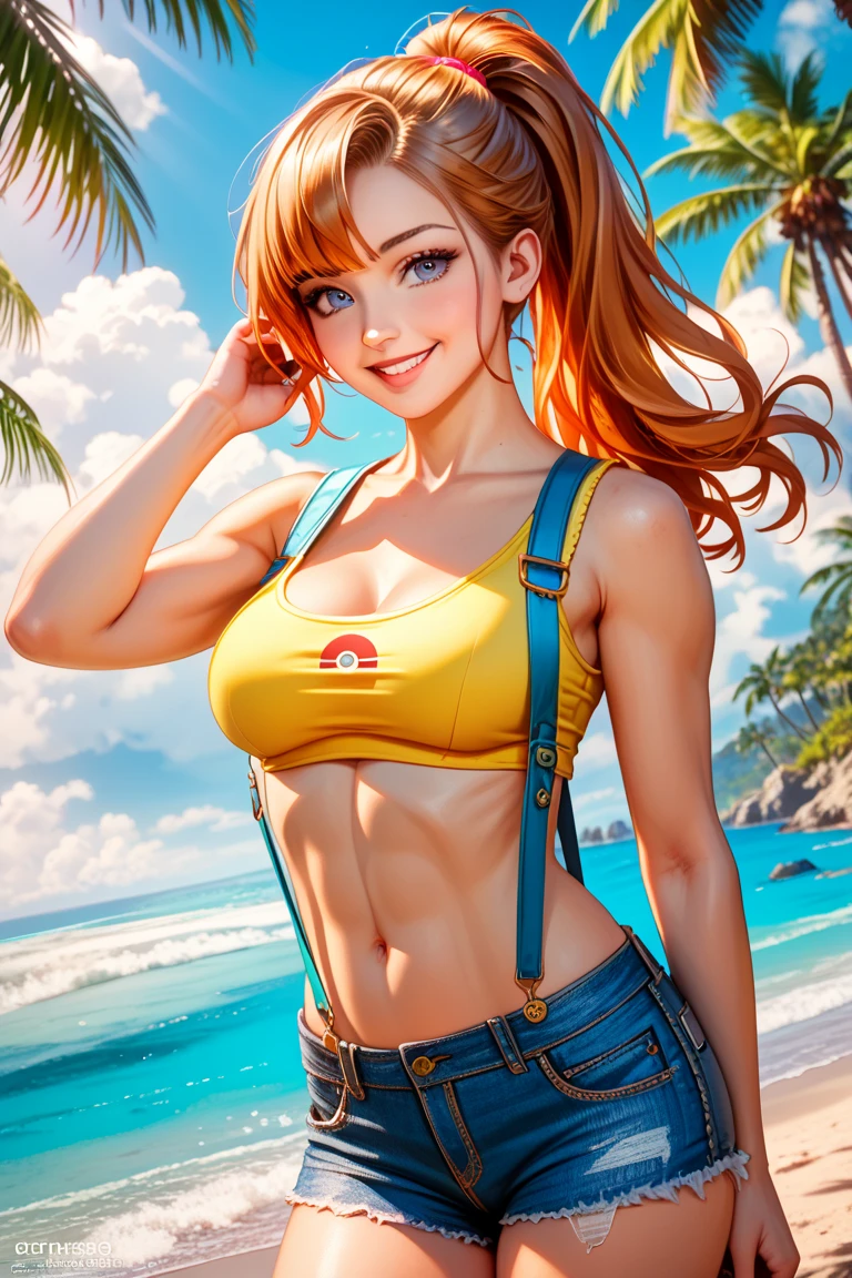 a woman with super Mario hat, wearing a super Mario costume, cute pose, detailed face, detailed body, detailed outfit (reality: 1.4), (A hyper-realistic), (high resolution), (8K), (highly detailed), ( Best Illustration), (detailed eyes), (ultra-detailliert), Bright lighting, Professional Lighting, scary face, turn back, bikini, in the beach