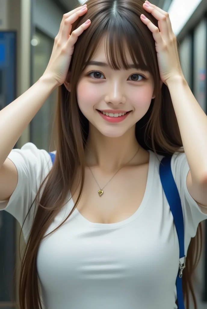 (highest quality、8k、32k、masterpiece、Hmph:1.2)、Cute Japanese Women Photos、Soft looking breasts、No bra、Ample breasts、Shortcuts、Face Focus、White T-shirt、necklace、From above、Looking at the audience、smile、I'm showing my teeth and smiling,Dynamic Shadows、blonde、Wet shiny hair、Shine, Watery eye、((In a crowded train)),