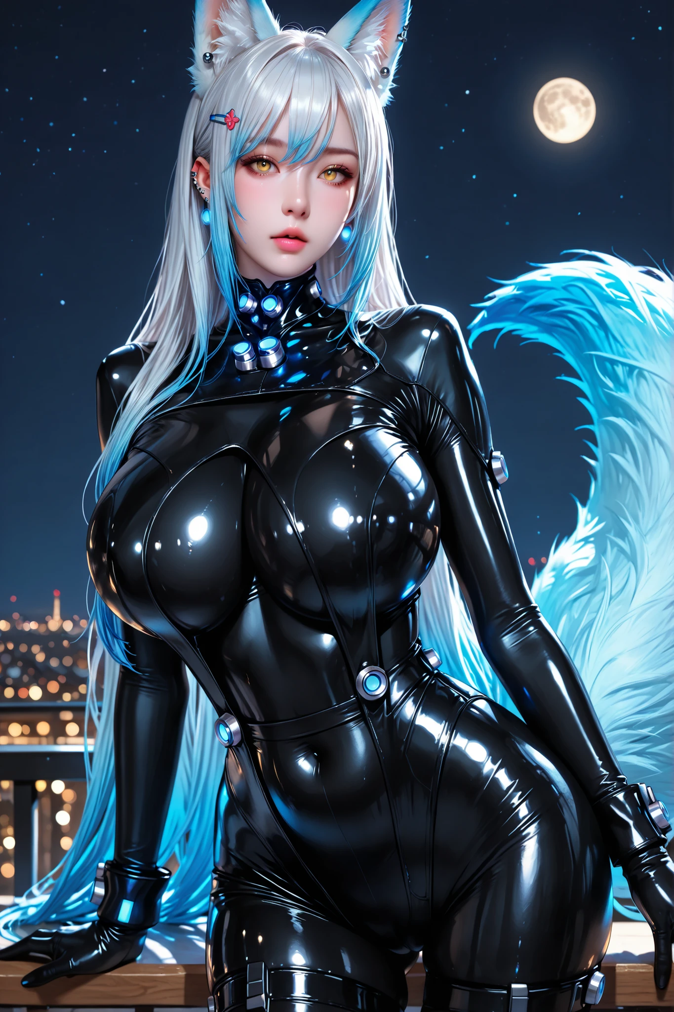 glowing,bodysuit,latex,gloves,koyama \(gantz0409jp\),ruanyi1046,black bodysuit,shiny clothes,skin tight,slender legs, masterpiece, portrait, 1 girl, Single perfect face, perfect anatomy, dress up, kitsine, extremely detailed, yellow eyes, more details, orange, kitsune, many blue tails, white hair, fox ears, belly button, lips, hair clip, gradient hair, long hair, multi-color hair, Single, white long hair, looking at viewer, big breasts, huge breasts, ear piercings, latex stockings, necklace, fox ears, moon resolution, sakura in the garden, night, extremely detailed, 8k, HDR, portrait,