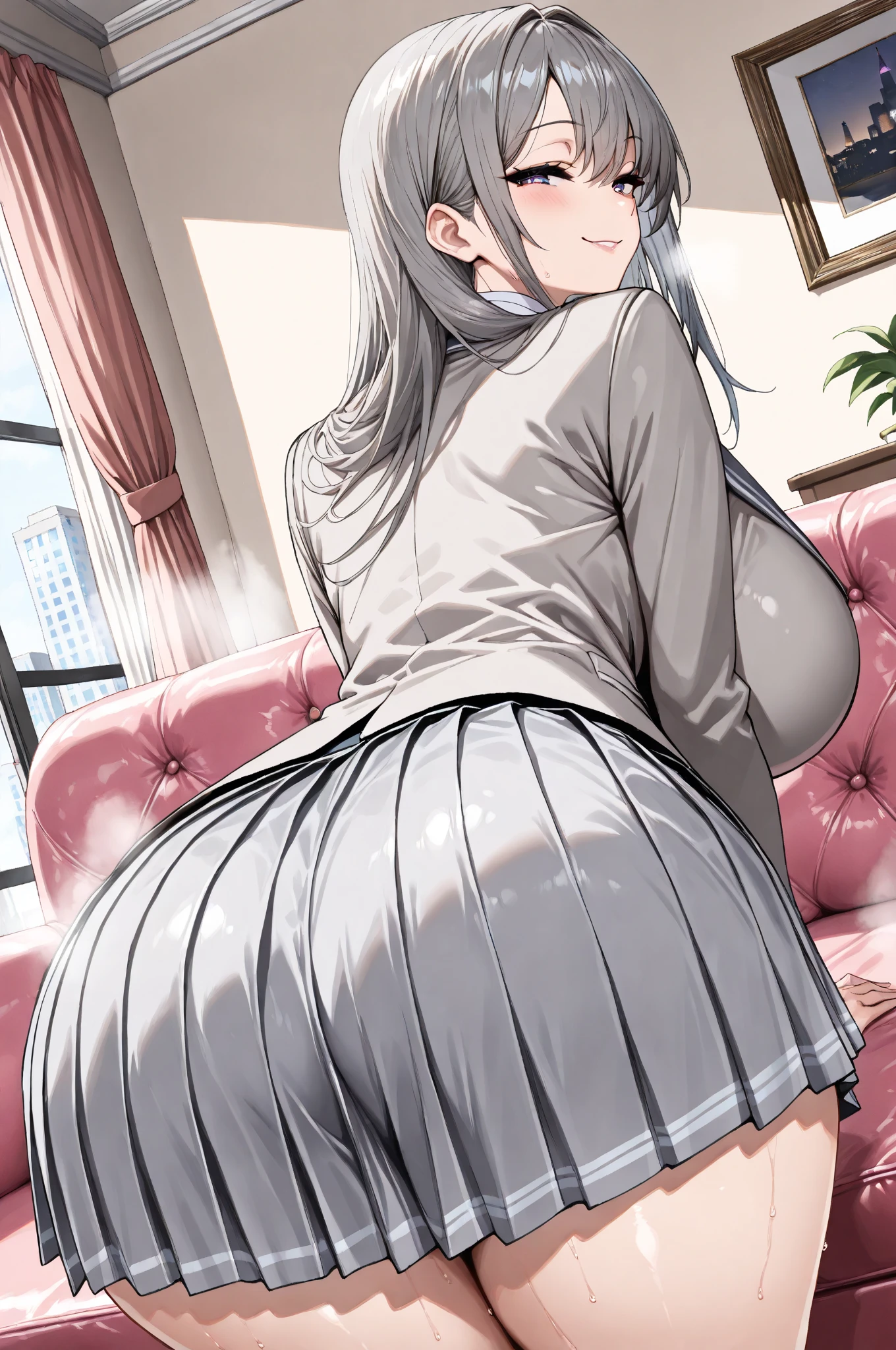 masterpiece, best quality, ultra-high-detailed, reverse cowgirl position, sex from behind, 1boy, 1girl, penis, kazami kazuki, silver hair, long hair, purple eyes, school uniform,