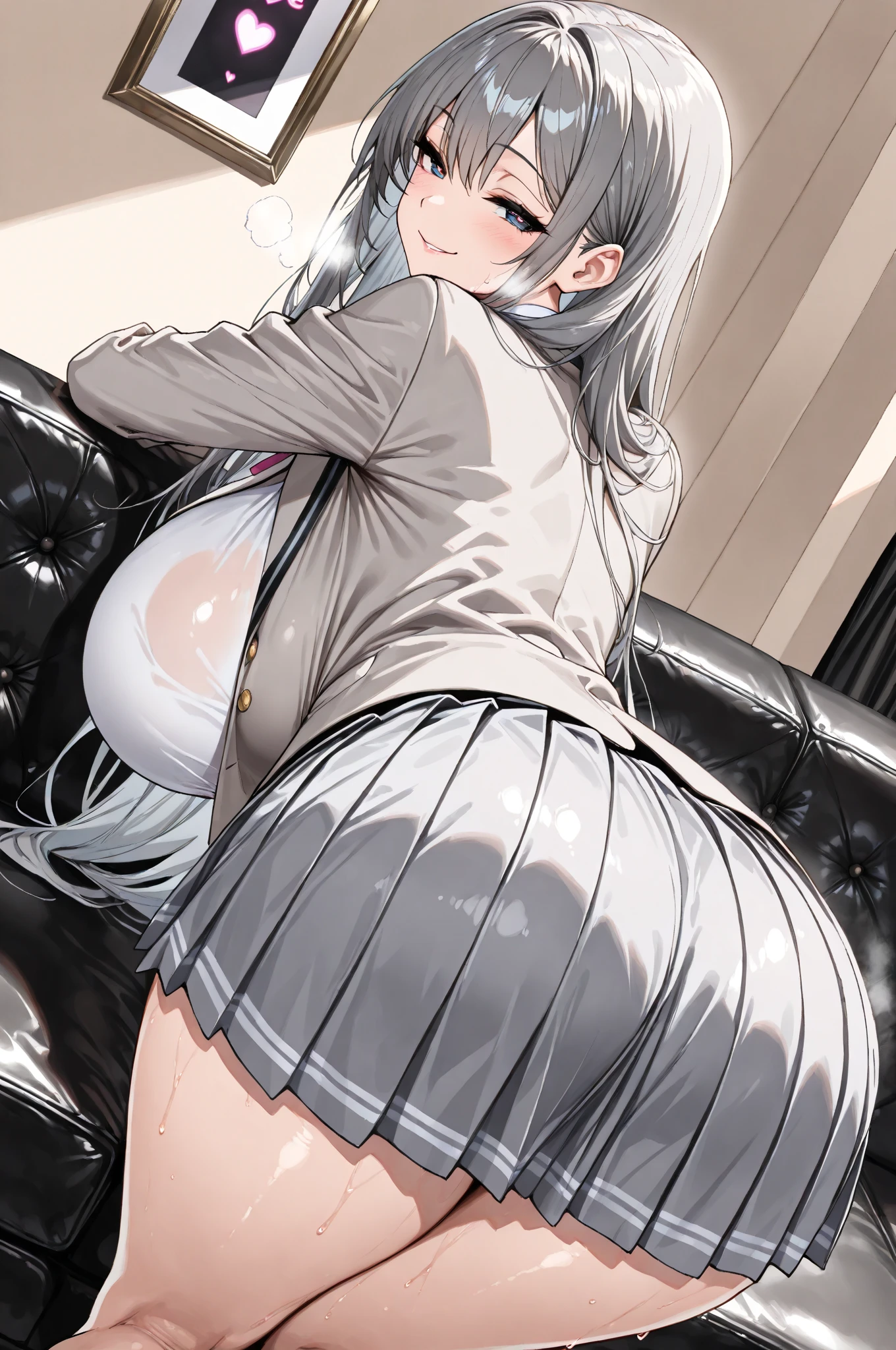 Masterpiece, Top Quality, High Definition, Hi-Res, One Girl, Solo, Angle from Below, Skirt, Shirt, White Y-shirt, Unbuttoned, Fluffy, Cleavage,Protruding Nipples, Hard, Pleated Skirt, Socks, Black Skirt, Long Sleeve, Bangs, School Uniform, Black Socks, Dress Shirt, Smile, Sweaty, Drenched, Sheer Through, Sheer Clothing, Skirt fluttering in the wind, Lift up skirt, Crotch line, Hip line, White underwear, Panty shot, Beautiful leg line, Water droplets running down your legs, Drenched lower body, Wet waist area, Excessive crotch droplets, Body parts three-dimensionality, Exposed undergarment, Realistic skin texture, Focused on feet, Kneeling, Kneeling spread, Bright room, Finger shift panty position, Lighting from below, bitten panties, long hair, gray hair, butterfly hair ornament