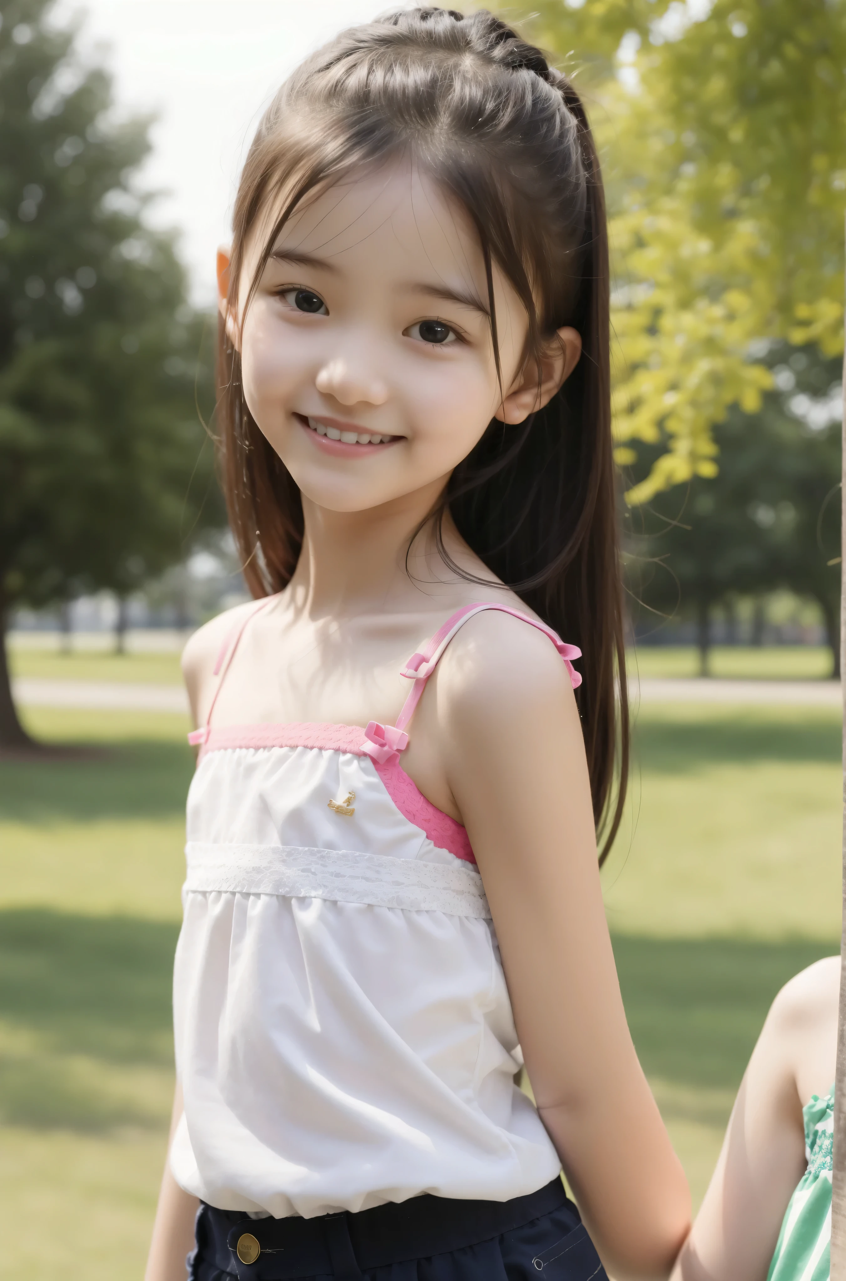 2 cute young girls,((Highest Quality)),It was taken in a park,((Photo Quality)),(Slim:1.5),(detail),flat chest,narrow Shoulders,perfect face,raise your hands up,(skinny:1.3),(smile:0.5)
