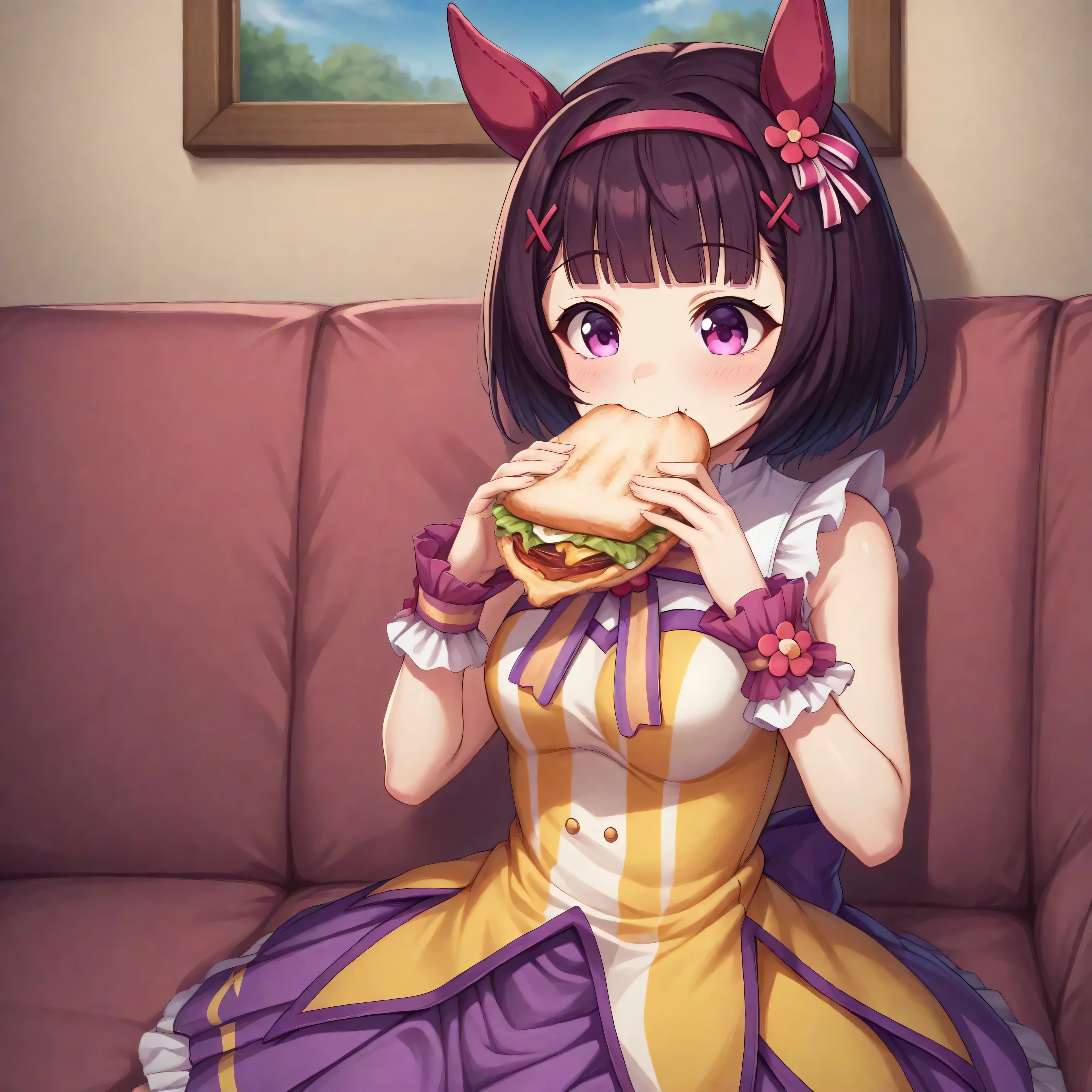 anime, lazypos, dark, high colorfulness, vibrant colors, 1girl, solo, in dormitory, sitting on couch, eating sandwich, nishino flower \(umamusume\), nfdef, (white striped hair ornament), purple hair, ear covers, hairpin, hair band, sleeveless dress, wrist cuffs, frilled skirt,