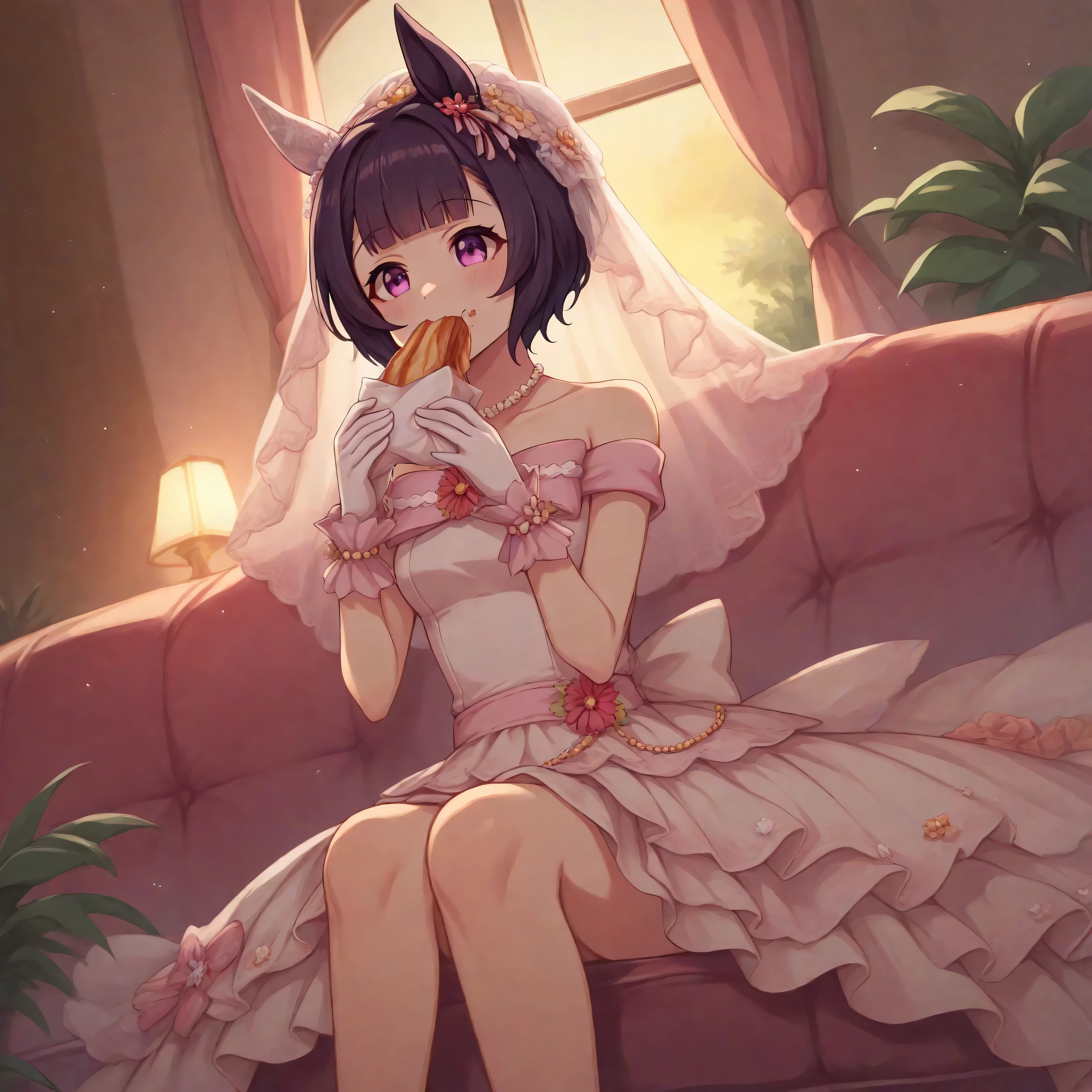 anime, lazypos, dark, high colorfulness, vibrant colors, 1girl, solo, in dormitory, sitting on couch, eating sandwich, nishino flower \(umamusume\), nfwed, single ear cover, purple hair, pearl necklace, wedding dress, off-shoulder dress, jewelry, wrist cuffs, gloves, bare legs,