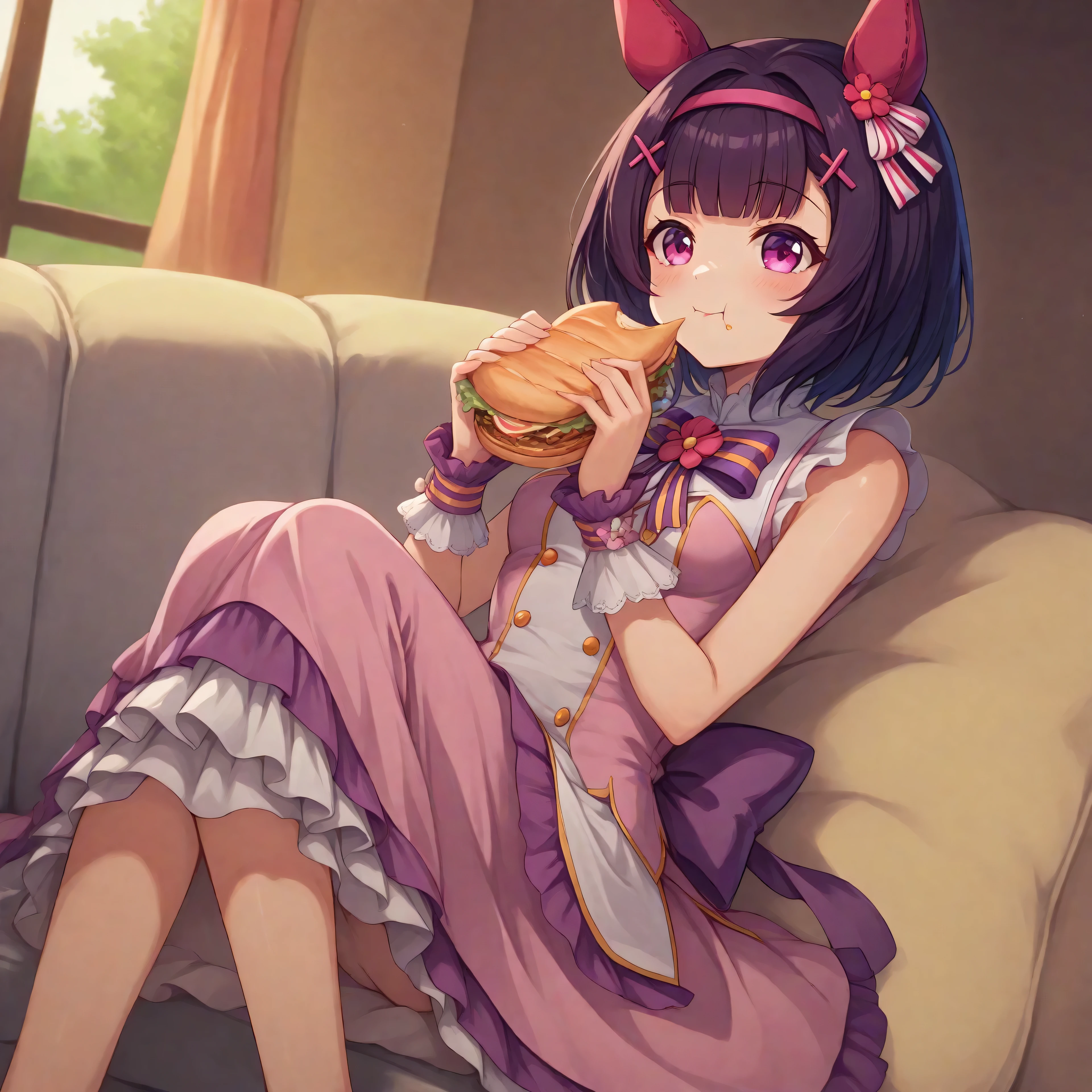 anime, lazypos, dark, high colorfulness, vibrant colors, 1girl, solo, in dormitory, sitting on couch, eating sandwich, nishino flower \(umamusume\), nfdef, (white striped hair ornament), purple hair, ear covers, hairpin, hair band, sleeveless dress, wrist cuffs, frilled skirt,