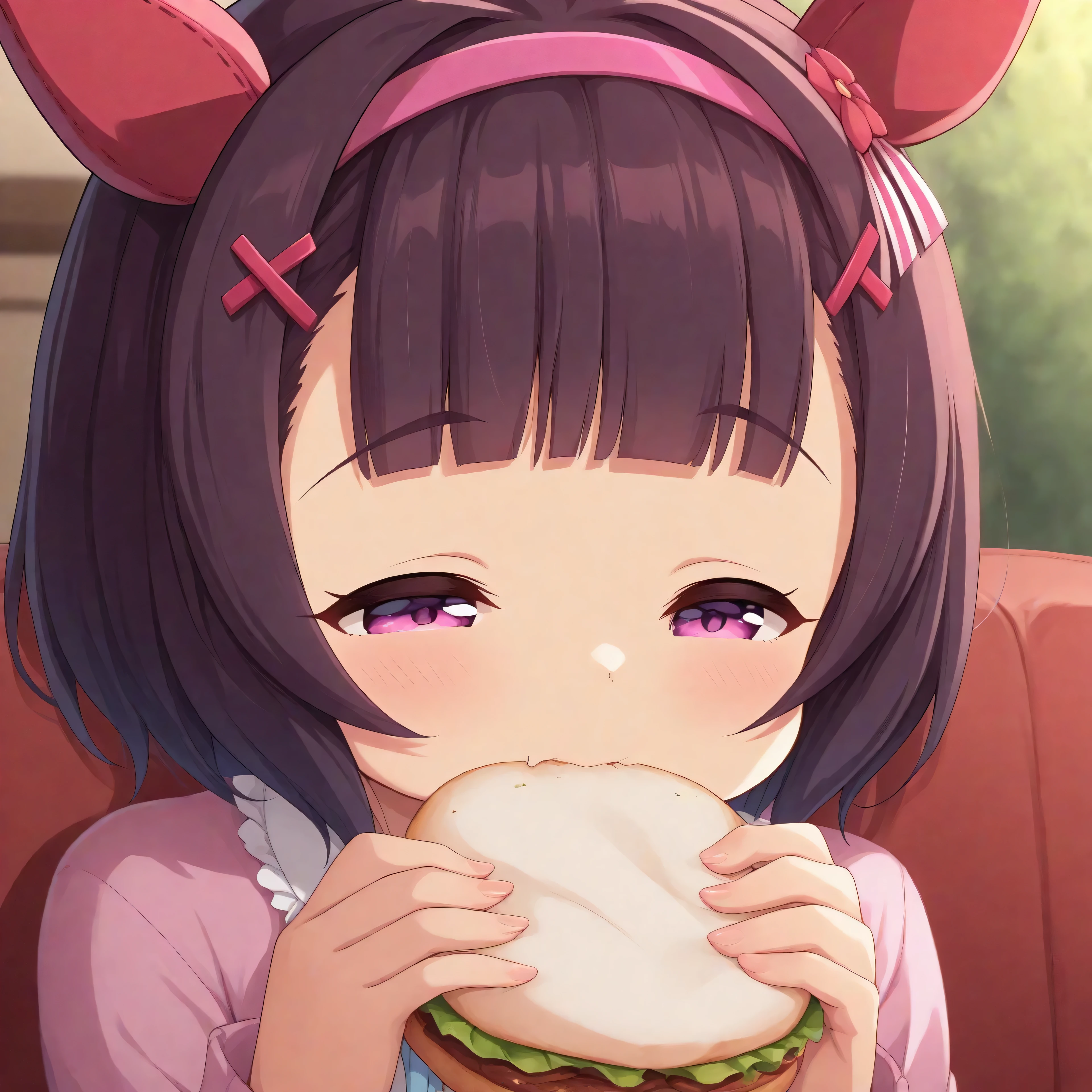 anime, lazypos, dark, high colorfulness, vibrant colors, 1girl, solo, in dormitory, sitting on couch, eating sandwich, nishino flower \(umamusume\), nfcas, hairband, white striped hair ornament, hairpin, purple hair, casual, pink jacket, blue dress,