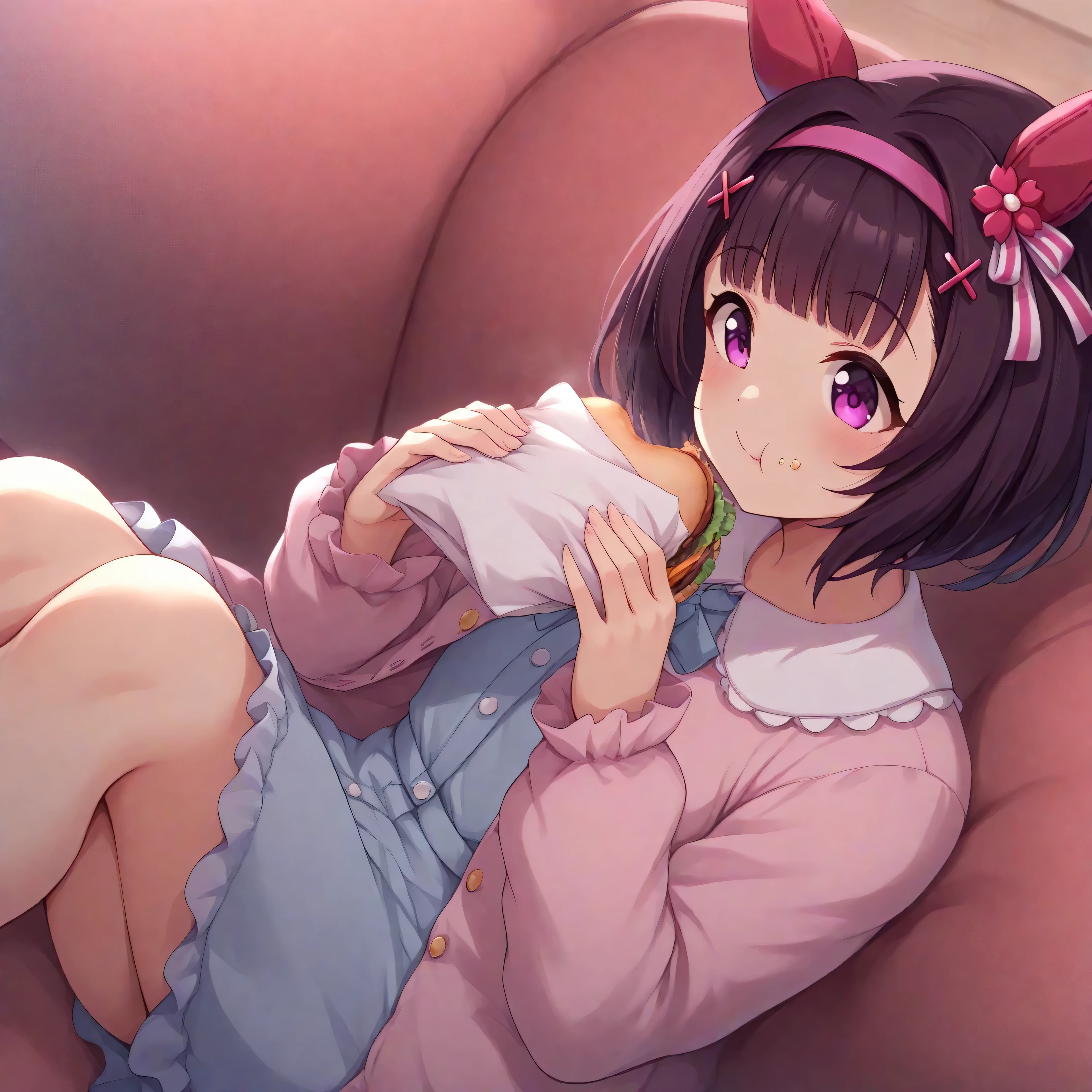 anime, lazypos, dark, high colorfulness, vibrant colors, 1girl, solo, in dormitory, sitting on couch, eating sandwich, nishino flower \(umamusume\), nfcas, hairband, white striped hair ornament, hairpin, purple hair, casual, pink jacket, blue dress,
