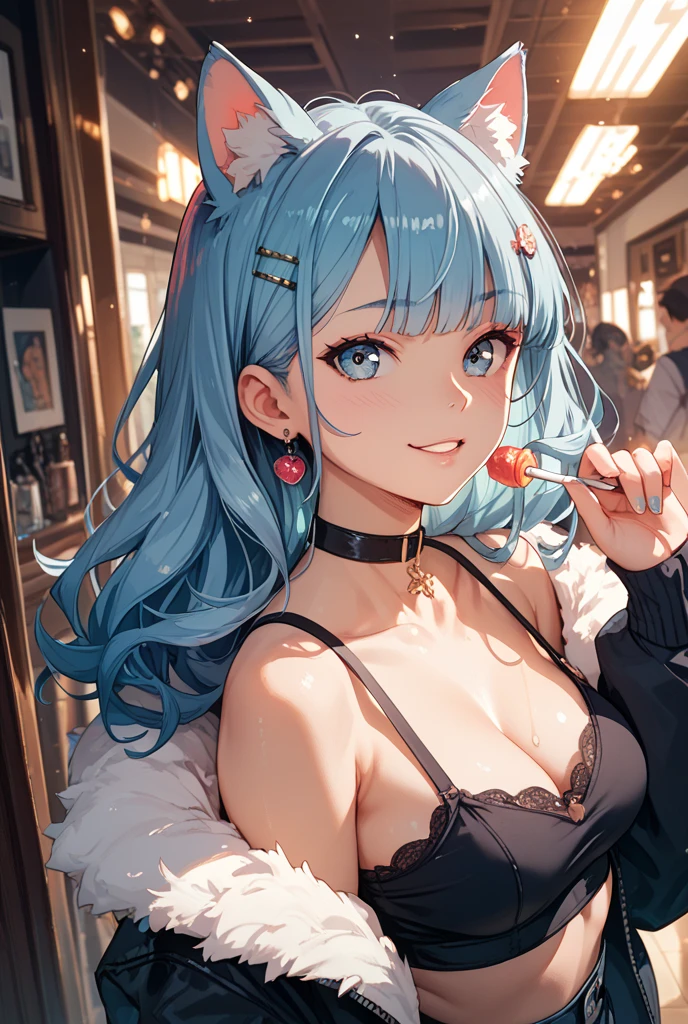 ((best quality)), ((highly detailed)), masterpiece, absurdres, extremely detailed face, beautiful face, (detailed eyes, deep eyes), (1girl), from below, worm's-eye view, upper body, <lora:silverfox:.9>, silverfox, wolf girl, wolf ears, animal ear fluff, (multicolored hair), light blue and pink hair, long hair, (hair flowers), blue eyes, wolf tail, (multicolored tail), curvy, (very large breasts), ((pink lips)), fingernails, (nail polish), smiling, playboy bunny, black choker, sleeveless, collarbone, white wrist cuffs, <lora:Fishnet:.6>, fishnets, fishnet bodysuit, high heels, (indoors, <lora:school_hallway_v0.1:1>, school hallway, school uniform, BREAK (((multiple girls))))