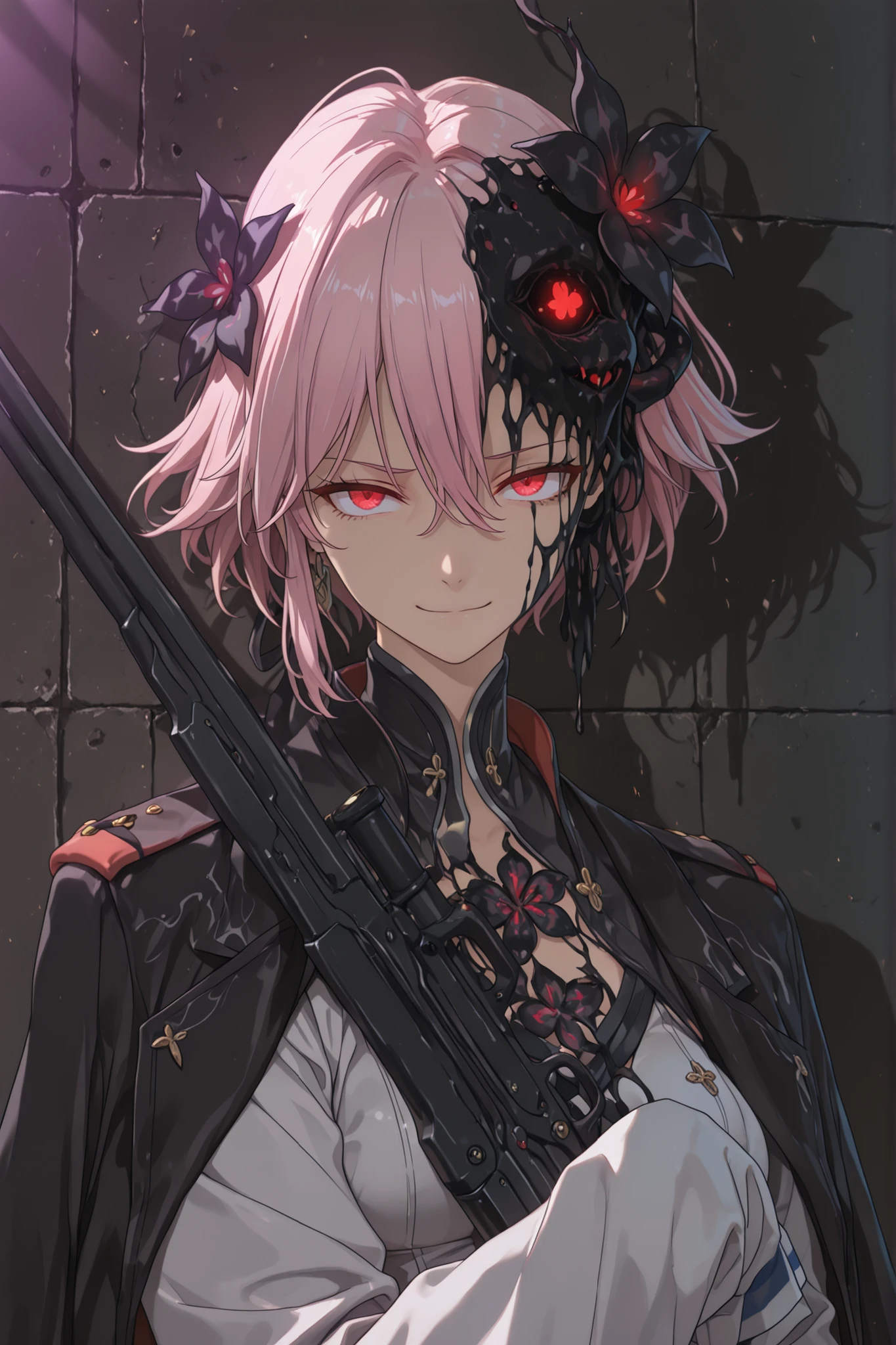 (unusual head, black mist head:1.44), glowing eyes, holding rifle,FreischutzPM, , (looking at viewer, portrait shot:1.22), (medium shot, three quarter shot:1.3), (1girl:0.95), solo, masterpiece, best quality, amazing quality, very aesthetic, high resolution, ultra-detailed, (soft shading, soft shadows, volumetric light:1.14), coat on shoulders, sleeves past fingers, epaulettes, march 7th, pink hair, black flower, red eyes, vicious expression, camellya, Wuthering Waves, Dark street, top lighting, smirk, tired eyes,
