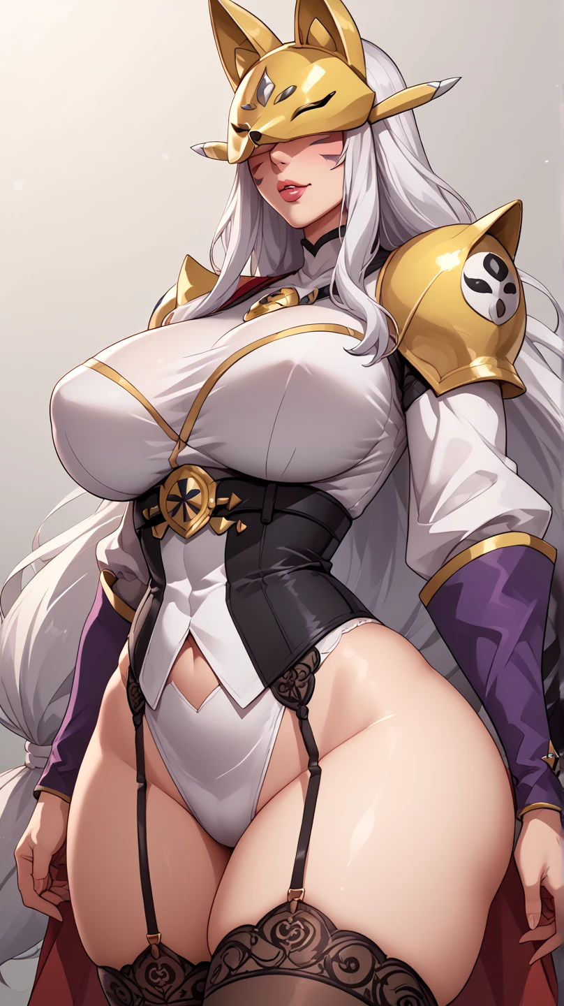 1girl, dark-skin, dark-skinned female, white hair, long hair, black leotard, white trim, fur trim, large breasts, thick thighs, belt, thighhighs, pantyhose, ninja, knife, kunoichi