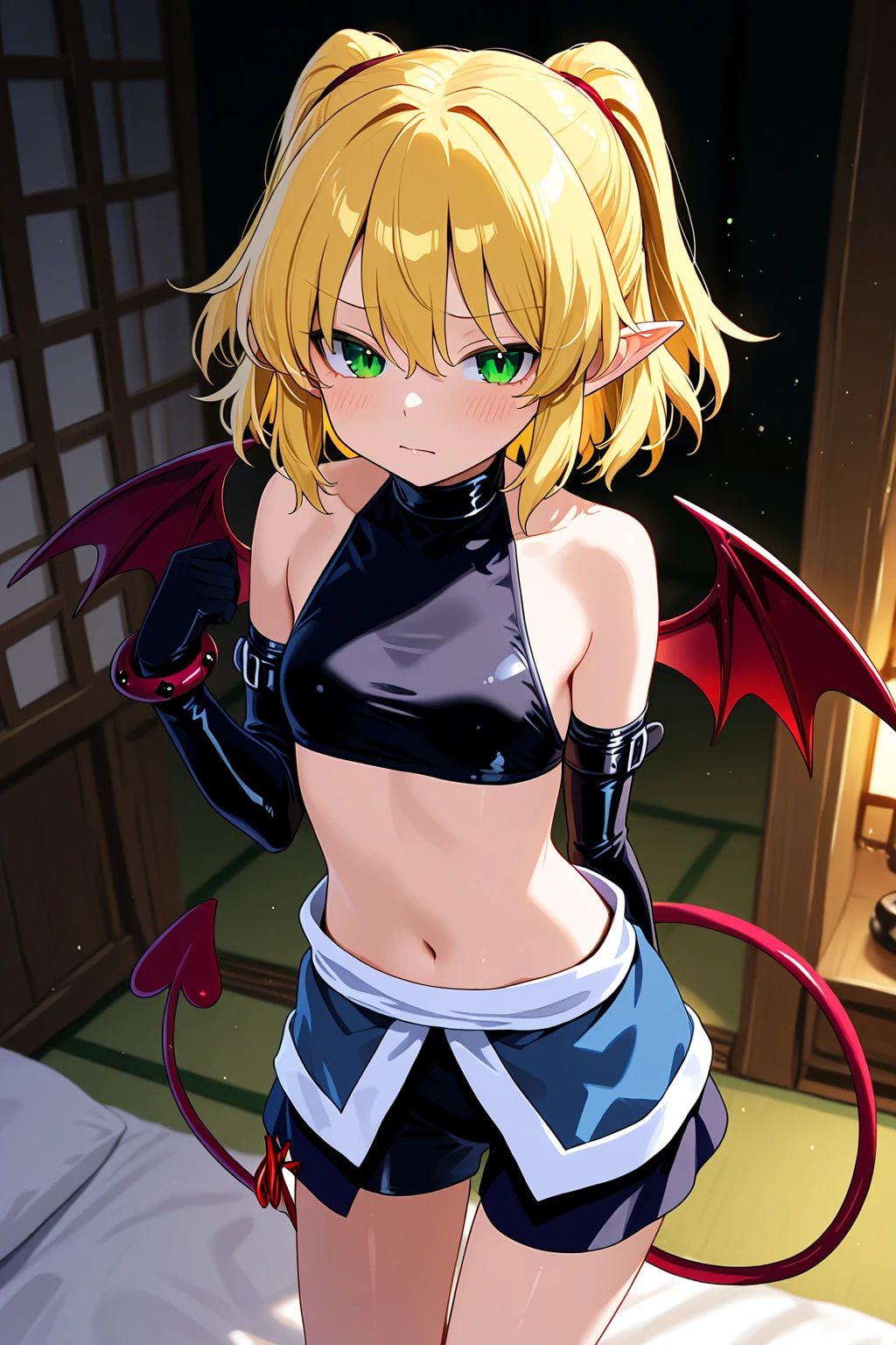 bedroom, beautiful, model, perky, tan, blonde, toned body, happy, succubus, devil horn, devil wing,