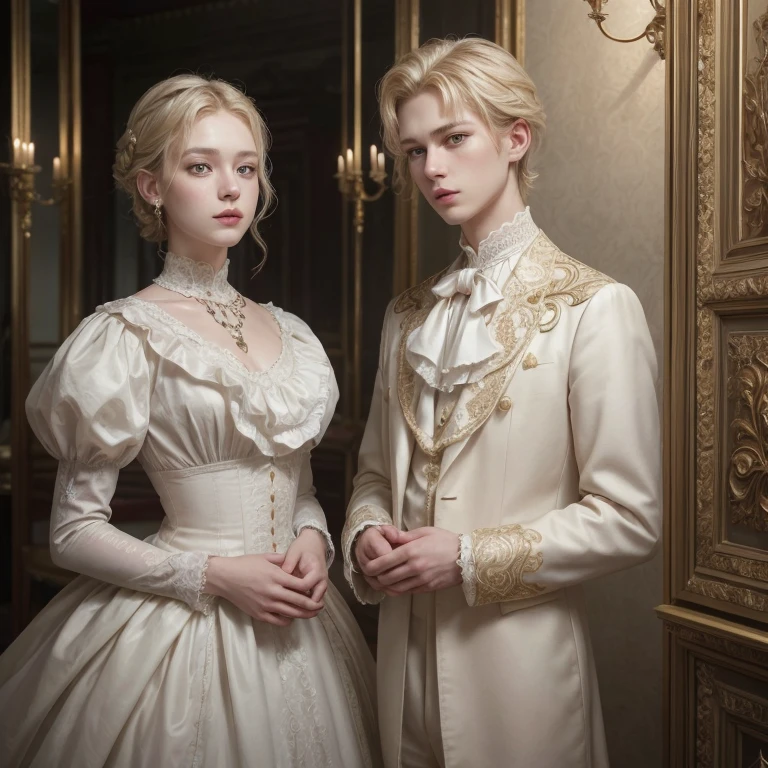 Images of two teenage twins with white hair walking in heels in a castle at night, dark evening, Well-detailed dress border with a mix of Victorian and Roman clothing.  Their skin is clear, the dresses having white colors, red and gold. The salon being luxurious, darker. Framing like a manga. Relaxed position. Long corridor. Chandeliers and candles. The twins would be in a relaxed pose. The two would be running hand in hand in a fun pose., leaning on each other while smiling.
ultra realistic pictures.