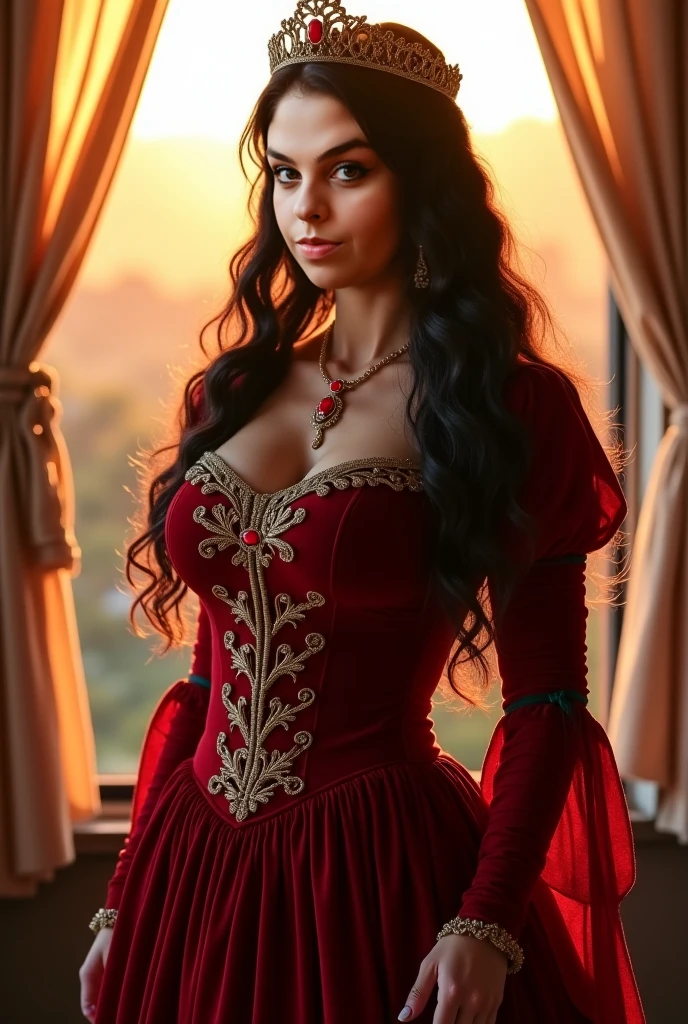 ((best quality)), ((masterpiece)), (detailed), ((normal anatomy)), ((normal body proportions for an adult woman)), ((beautiful eye detail)), perfect face, high detail, charismatic, full body, cinematic lighting, defined body, super detail, high realism, back straight, front facing, princess face, an extremly beautiful woman with long black curly hair with a long fringe, large perfect emerald green eyes, medieval english fantasy theme, she is wearing a beautiful black and red formal medieval off-shoulder gown with very high detail and a black silk choker, large 4 post bed in background, coy seductive smile, flirty, full red lips, 30 year old, portrait style image