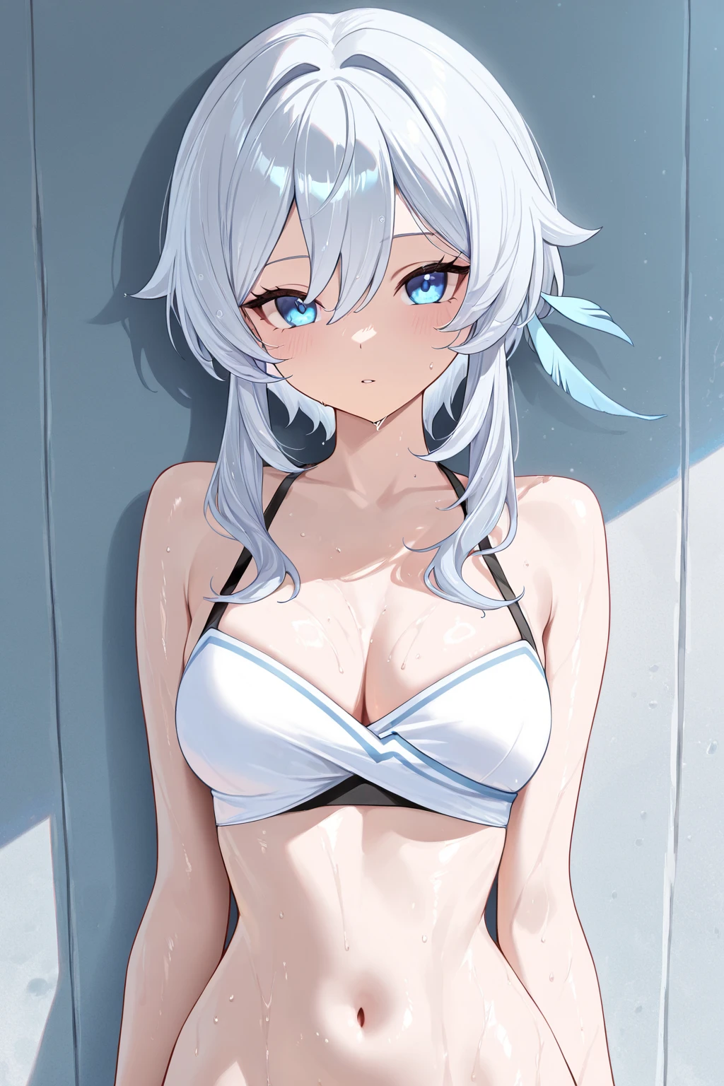 1 girl,Solo,medium hair,face focus,masterpiece, best quality, very aesthetic, absurdres,arms,face,hands,purple and blue,two tone color,v_arms,breasts,hand_between_legs,Bikini,Cleavage,medium hair,side-tie_bikini_bottom,no color Bikini,skin,tan,(one-piece tan)