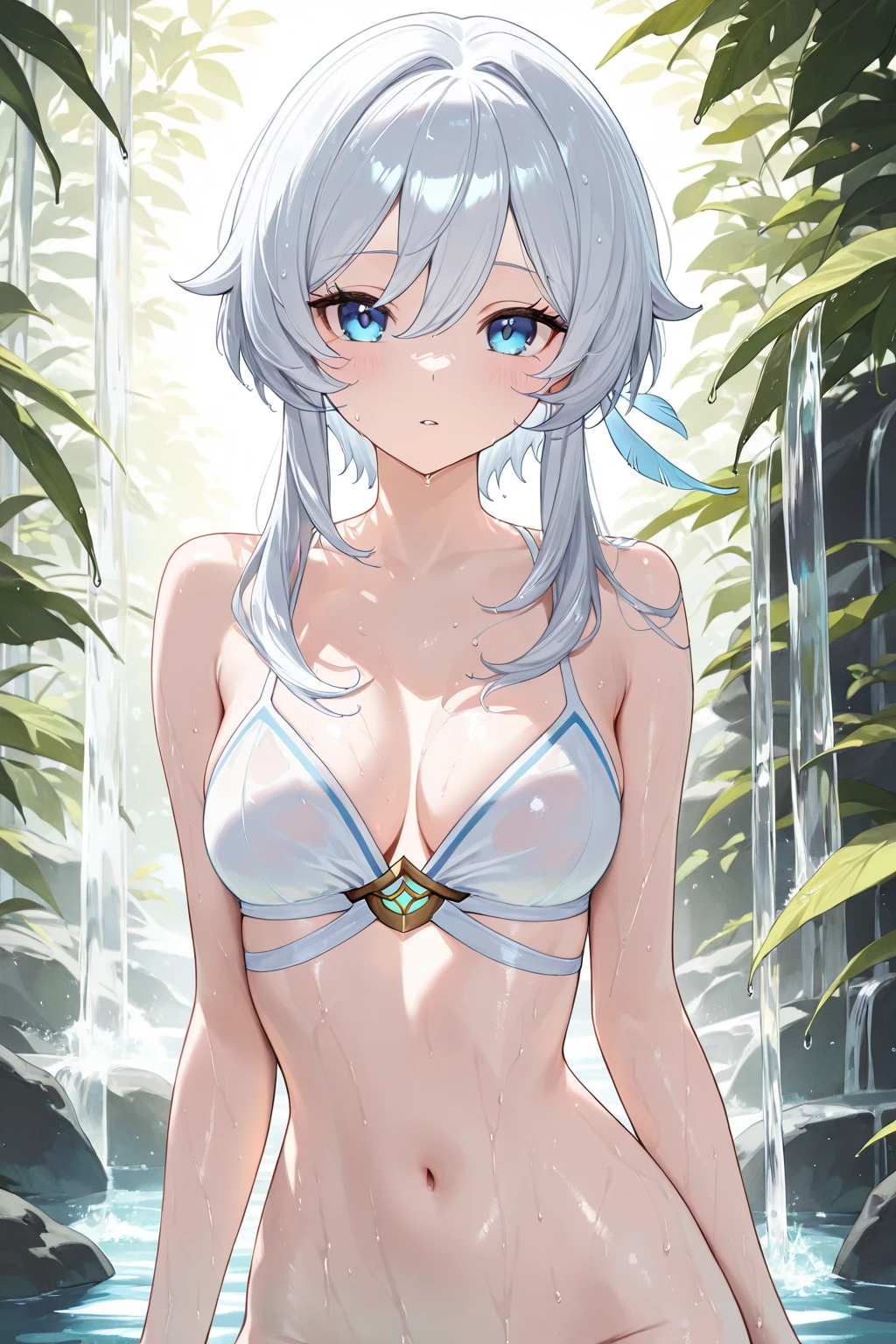 Waterfalls High level image quality best image quality 8K adult woman background a lake in the middle of jungle outside more colors whole body view portrait wearing silver dress silver horn ears short hair((shortcut)(white hair)(perm)(fluffy)) eye color is blue , , attractive evil face , evil smile , sexy pose , labrynth , barearm , hands over head and hips , standing
