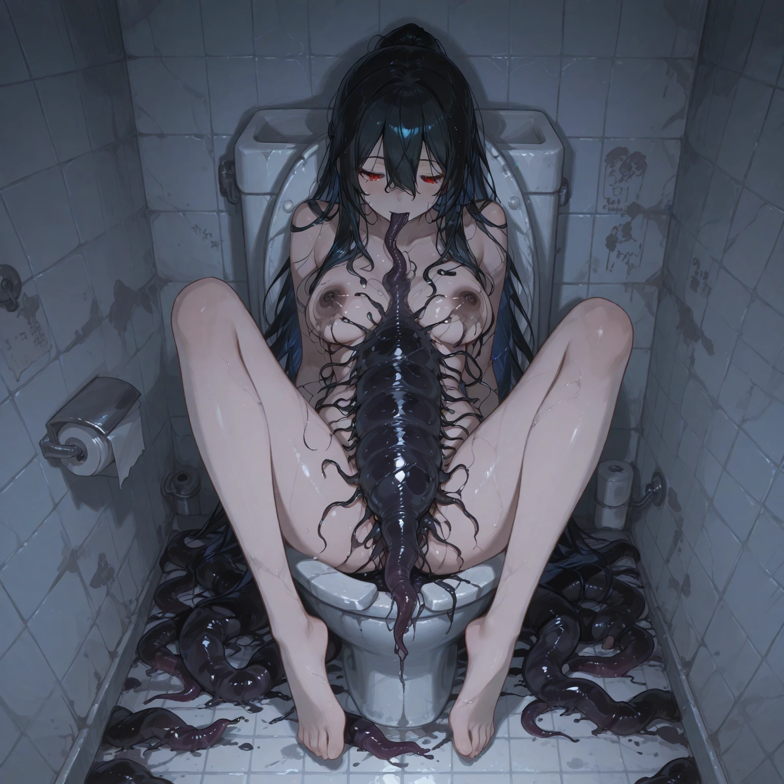 masterpiece, best quality, extreme detail, on back,lying , skindentation, small breasts, nipples,toph 5yo litle girl, bangs, black hair, blind, grey eyes, hair between eyes tanned skin, skinny, completely nude, very small breasts, tentacles, ((extreme stomach bulge)) ,(intestine bulge), tentacle sex, vagina_insertion, huge tentacles, tears, crying, shocked, tentacle in mouth, bathroom, multiple_penetration, (large_insertion), cum, lifted, tentacle swarm, tentacle around neck,restrained,tentacle wrapped around , strangled, tentacle in mouth, tentacle oral