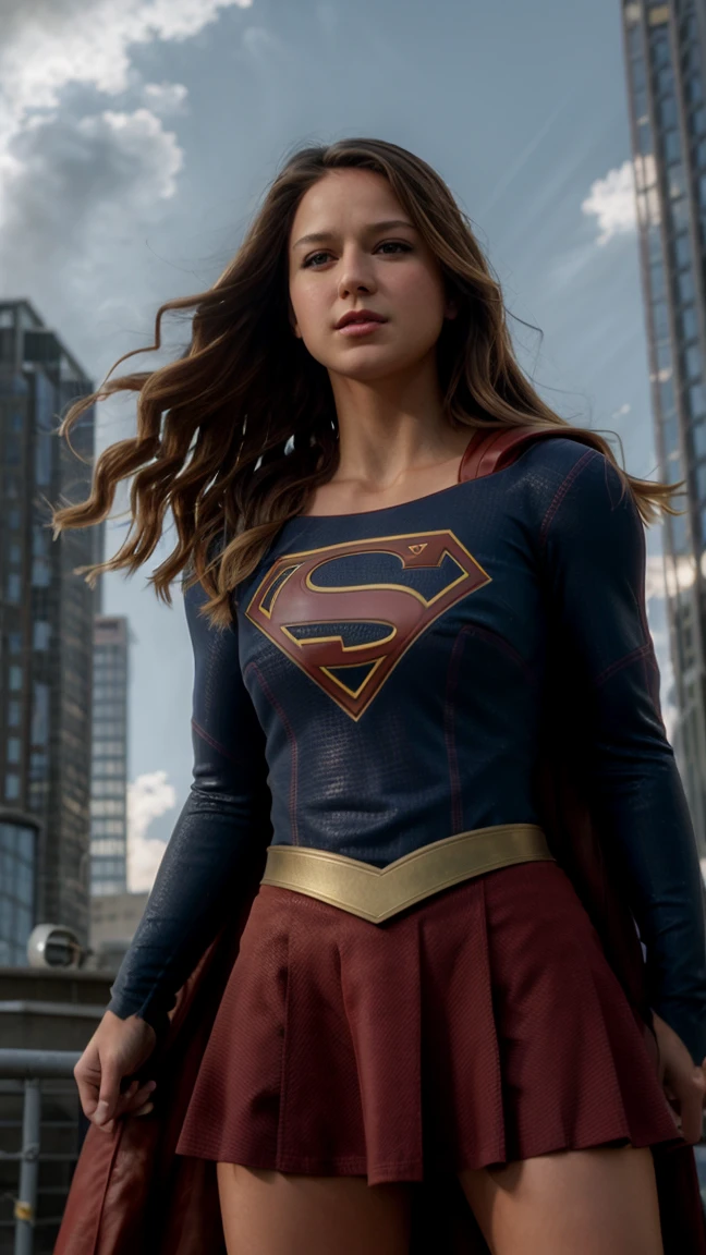 whimpering Melissa Benoist open thighs,(super girl up skirt),(blue panties),(shoot from below),wind from below,sky,solo, red cape,(red skirt:1.4),(blue tight long sleeve shirt),damage, injuries,bruises, face of Melissa Benoist,