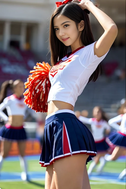 Cheer leader on sidelines, jumping, cheerleader uniform, pantyhose, sneakers, Pom poms,