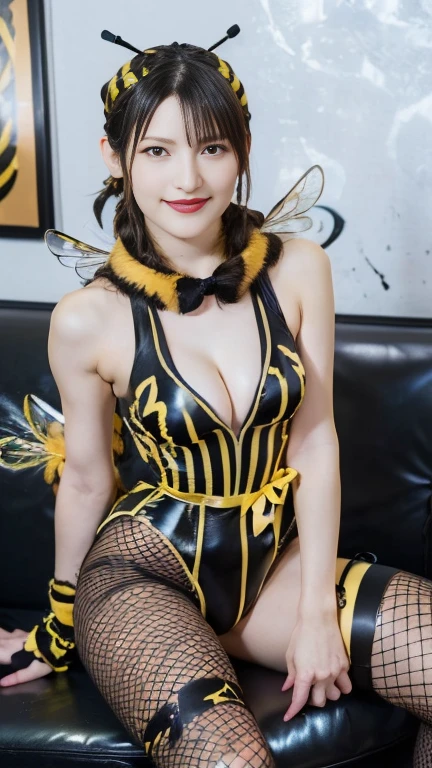 sfw, cartoon, aerith gainsborough reimagined as a horny girl in honeybee costume frome final fantasy 7, full body, (masterpiece, best quality), beautiful face, (22yr old, beautiful girl, solo:1.1),brown_hair ,long_hair, pixiv, evil smile, sadistic, erotic lips, seductive eyes, drooping eyes, provocative expression, smirks, squint, enraptured, fascinated, scornful laughter, aroused, lovely, naughty face, half closed eyes, fearless smile, crazy smile,toned female, glamorous perfect female proportion, wide hips, extremely shiny, reflecting light, awesome metallic surface texture, cute, akiba, anime face, moe, yellow and black striped hair, wasp ornament, Yellow and black striped boots, wasp transparent wings, bee Transparent wings, wasp antennae, wasp printed, Honeycomb printed, poison needle, yellow and black striped fur, spike choker, earrings, best quality, amazing quality, very aesthetic,