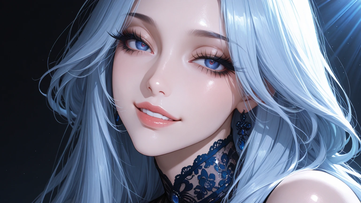 Pretty woman looking at viewer stunning blue eyes white skin eyeliner , gothic makeup thick and voluminous lips, lipstick negro, big tits and voluptuous, Image 1.2 high resolution 12k NSFW