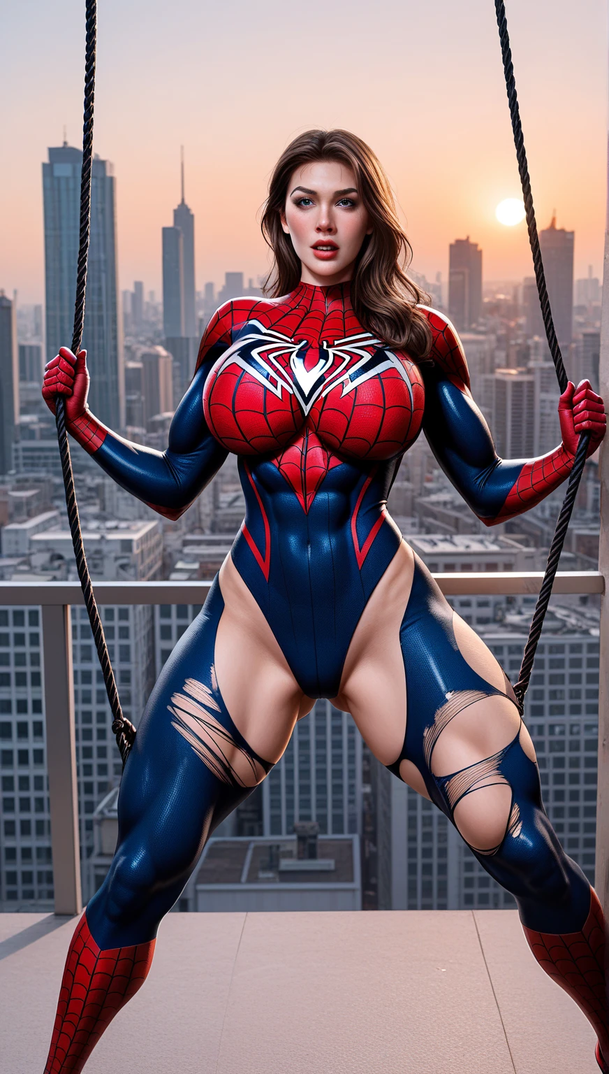 ((((Spider girl)))), (Veiny detailed six pack abs), ((very small waist)), Very wide hips, big thighs, Thigh gap, vagina, (1girl:1.3), Solo, (((Very detailed face)))), ((Very detailed eyes and face)))), Beautiful detail eyes, Body parts__, Official art, Unified 8k wallpaper, Super detailed, beautiful and beautiful, beautiful, masterpiece, best quality, original, masterpiece, super fine photo, best quality, super high resolution, realistic realism, sunlight, full body portrait, amazing beauty, dynamic pose, delicate face, vibrant eyes, (from the front), She wears Spider-Man suit, red and black color scheme, spider, very detailed city roof background, rooftop, overlooking the city, detailed face, detailed complex busy background, messy, gorgeous, milky white, highly detailed skin, realistic skin details, visible pores, clear focus, volumetric fog, 8k uhd, DSLR, high quality, film grain, fair skin, photo realism, lomography, futuristic dystopian megalopolis, translucent
