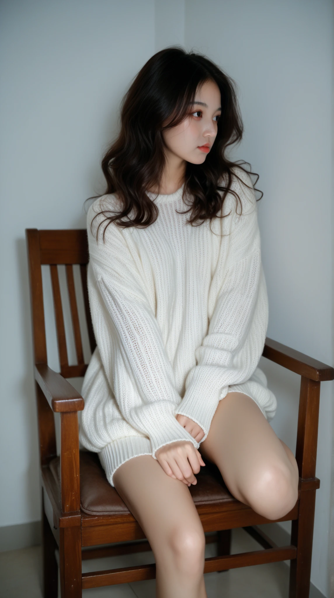 Araphedo woman in white sweater standing in the doorway, wearing sweater, Wearing a sweater, Wearing a white sweater, White sweater, wearing casual sweater, wearing an oversized sweater, Posing in the bedroom, Young skinny gravure idol, wearing white outfit, Sexy gravure idol、medium long hair、