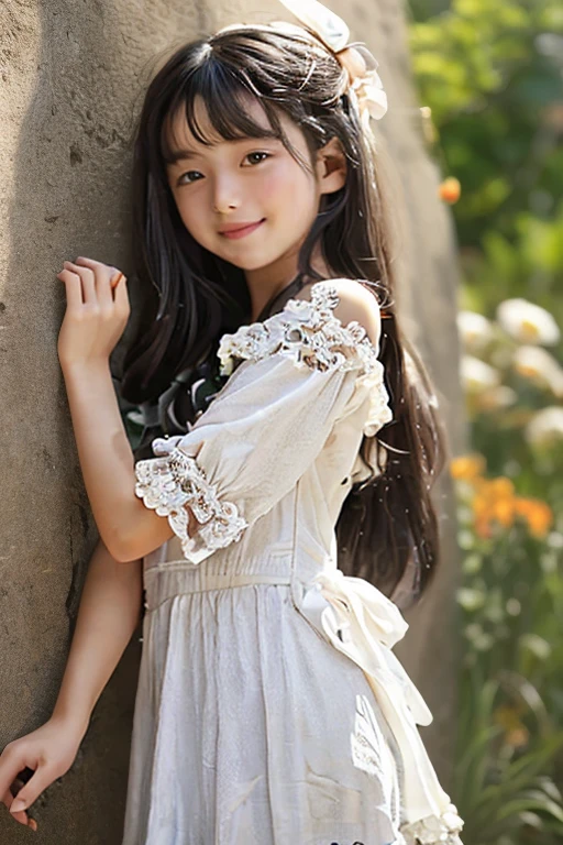 8 year old girl, playing, black eyes, rural landscape, white dress, playing, many flowers