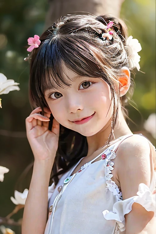 close-up of pretty Japanese_Russian girl,((flat chests:1.35)), wear pretty clothes,outdoor, bokeh background, UHD, 32K, 10 years old, astonishingly pretty,absolutely cute,cute smile,very adorable, absolutely stunning,