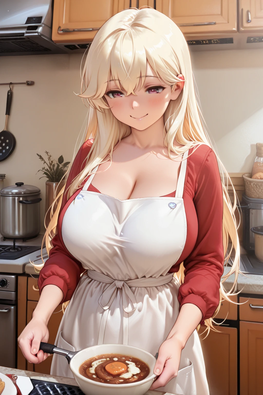 Teenage girls(masterpiece:1.4)、(in 8K、realisti、RAW-Foto、top quality:1.4)、(real face:1.4)、(Real looking skin:1.3)、A high resolution、Eine hyperrealistie、Brown eyes with beautiful details、blonde wavy hair、Tanktops、not good、high level of detail、(with huge breasts:1.5)、Décolleté of the breast、Blush、A frustrated facial expression、neck ribbon、Stand、kitchen