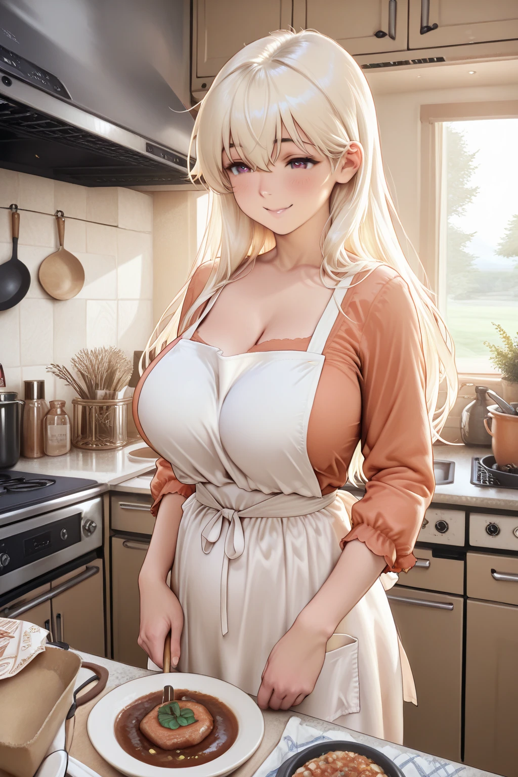(Top Quality, High Resolution, Masterpiece, 4K), (soft light, shiny hair, beautiful eyes), young woman, full body view, lovely smile, ((Random Hairstyle, bangs, light colored hair)), ((greedy eyes, brown eyes, perfect eyes)), ((detailed face, blush:1.1)), (( Smooth texture:0.75, Realistic texture:0.65, Realistic:1.1, Animated CG style)), Large breasts, cleavage, seductive body, (random color striped shirt, random color bikini, attractive thighs visible), Pretty necklace, cute earrings,(Neck-hung breast apron with random colors on the naked body, in the kitchen), strong sunlight, hand in own hair, showing chest with smiling , from below+, gesture of hair tied back with both hands, dynamic pose