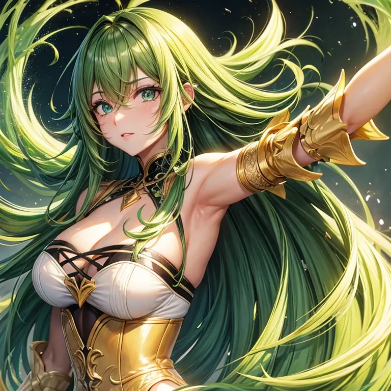 Highest image quality,Outstanding details,Ultra-high resolution,4K image, assembly, best quality, masterpiece, movie lighting ,Sexy,Huge breasts,cleavage,action,In battle,light beam from hand,Golden lightning surrounds,Long green hair,Green eyes,Lipstick,Gold armor,There are cracks on the armoghting hard,