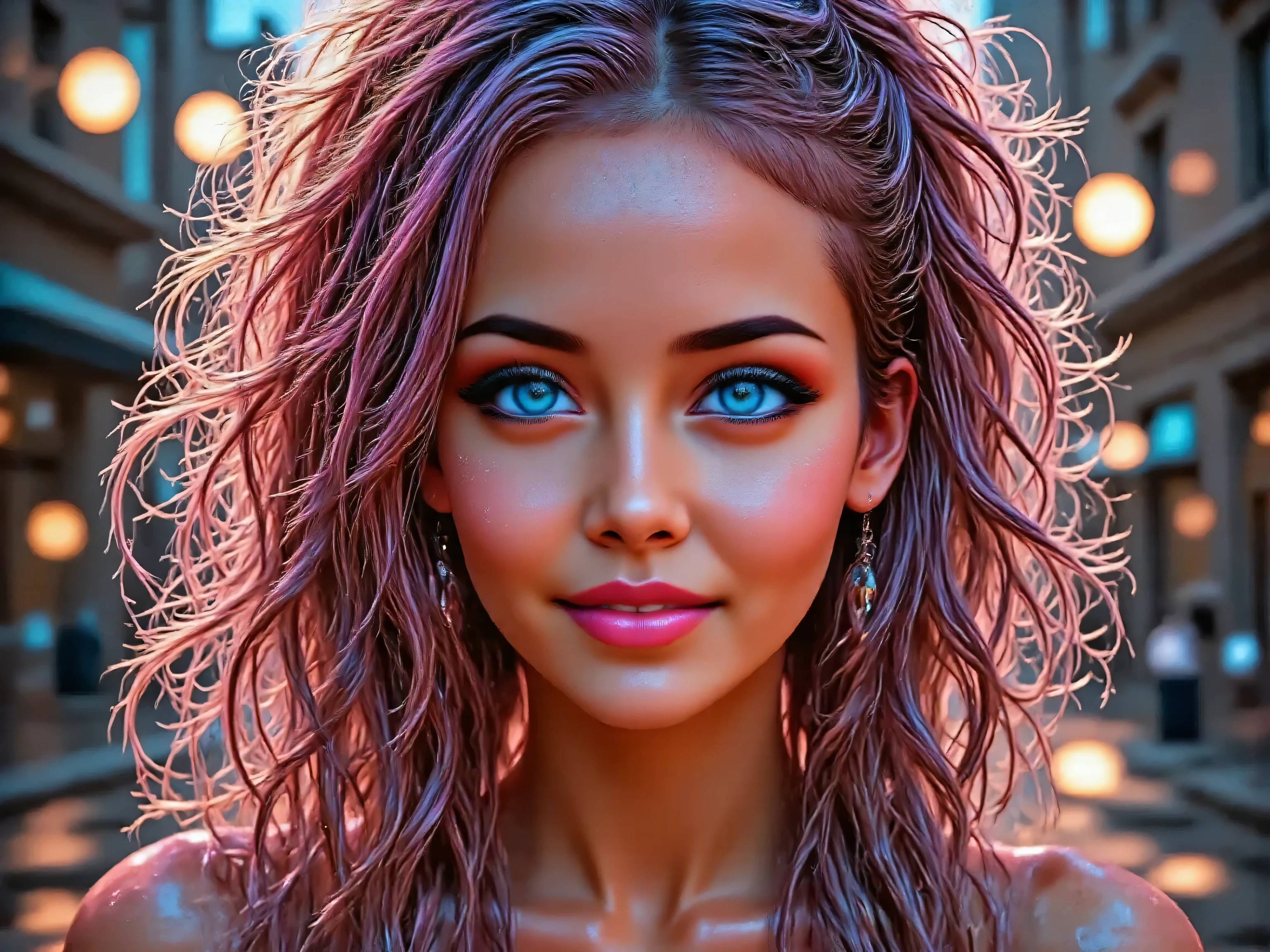 The woman elegantly sways her wet hair back and forth, casting glistening droplets into the air.odgarnia delikatnie wlosy do tylu,cute smile