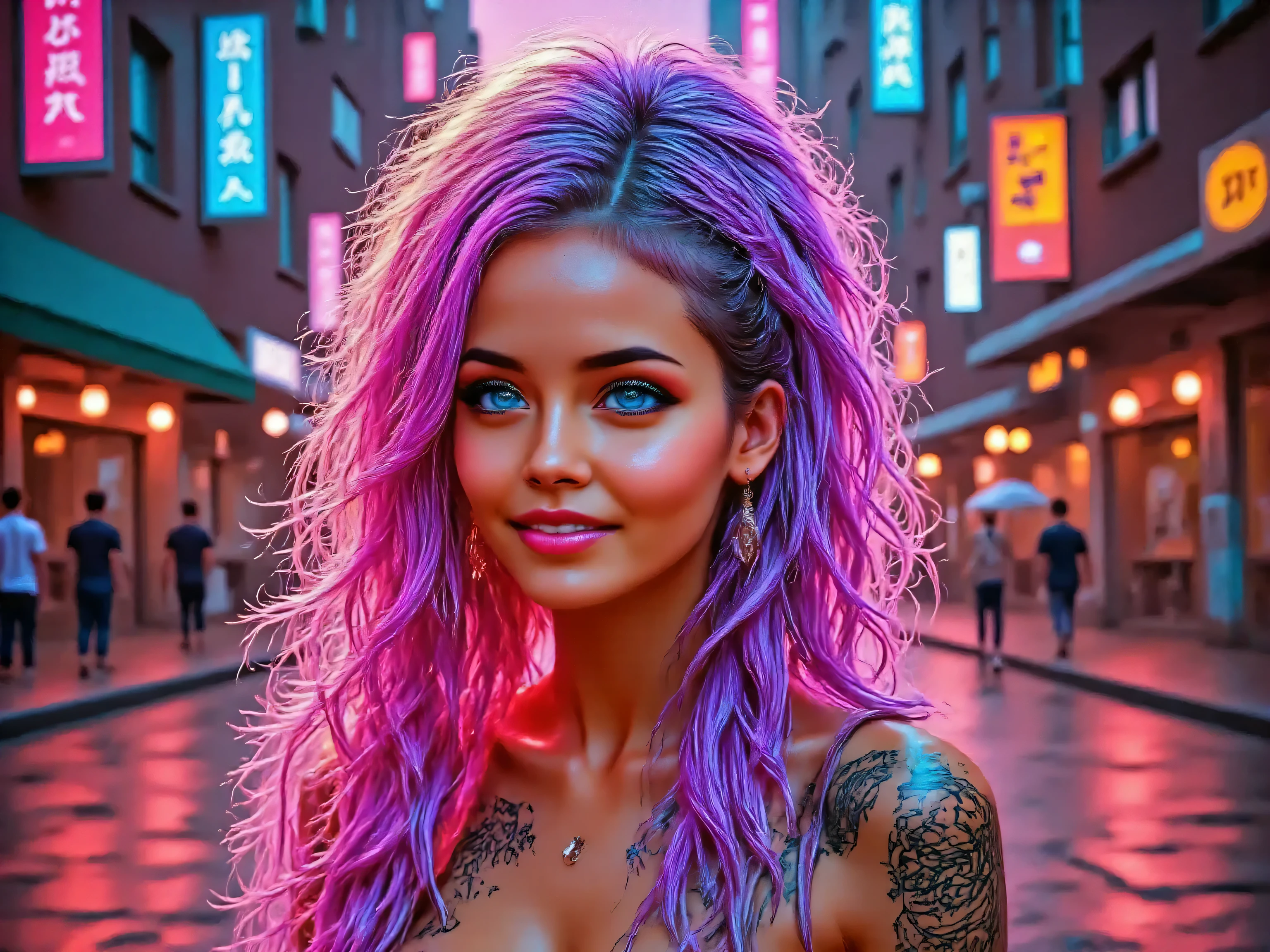 The woman twirls joyfully, her hair and tattoo visible as she moves through the bustling city street, creating a lively and captivating scene.she send me kisses