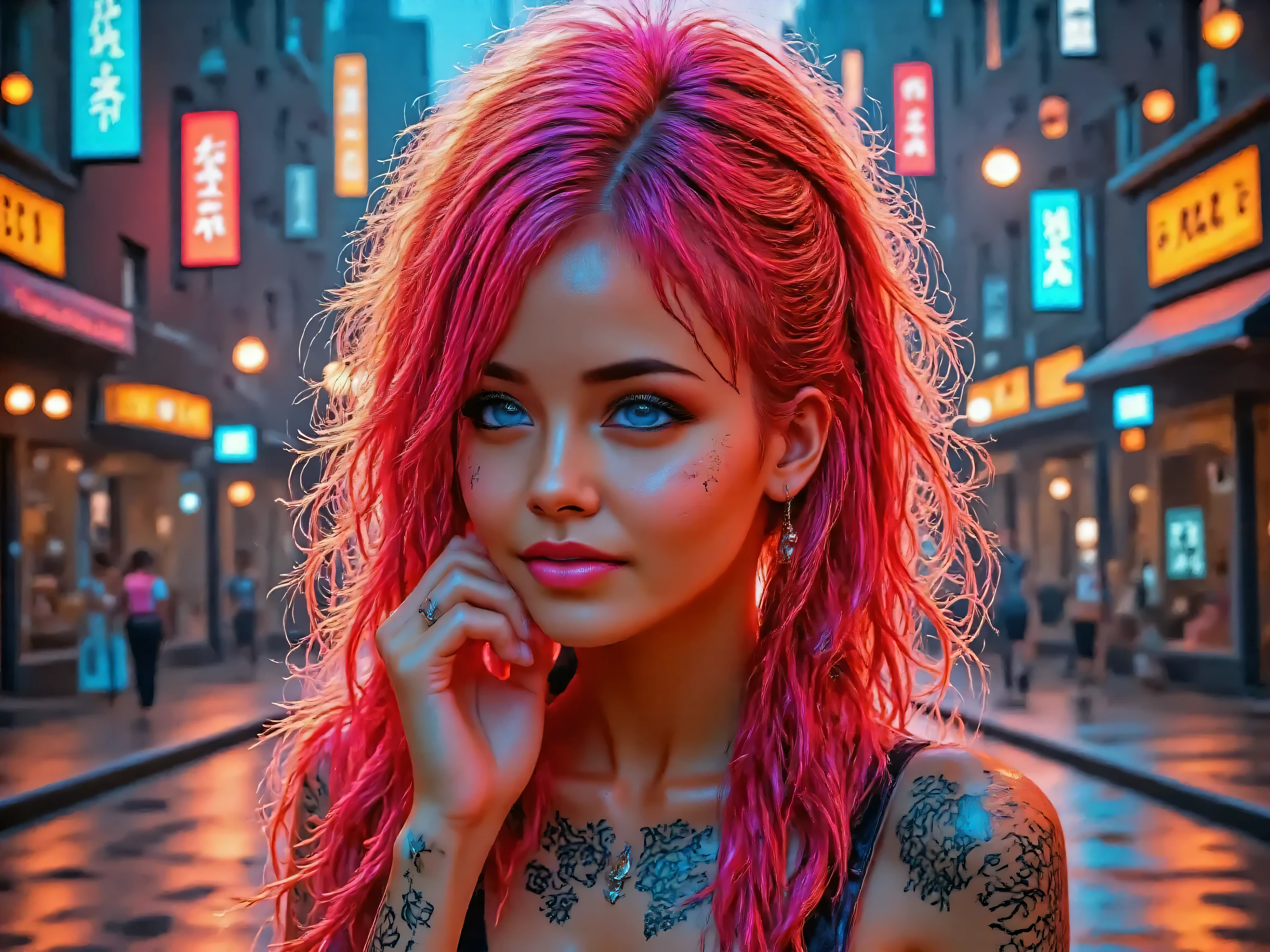 The woman twirls joyfully, her hair and tattoo visible as she moves through the bustling city street, creating a lively and captivating scene.she send me kisses