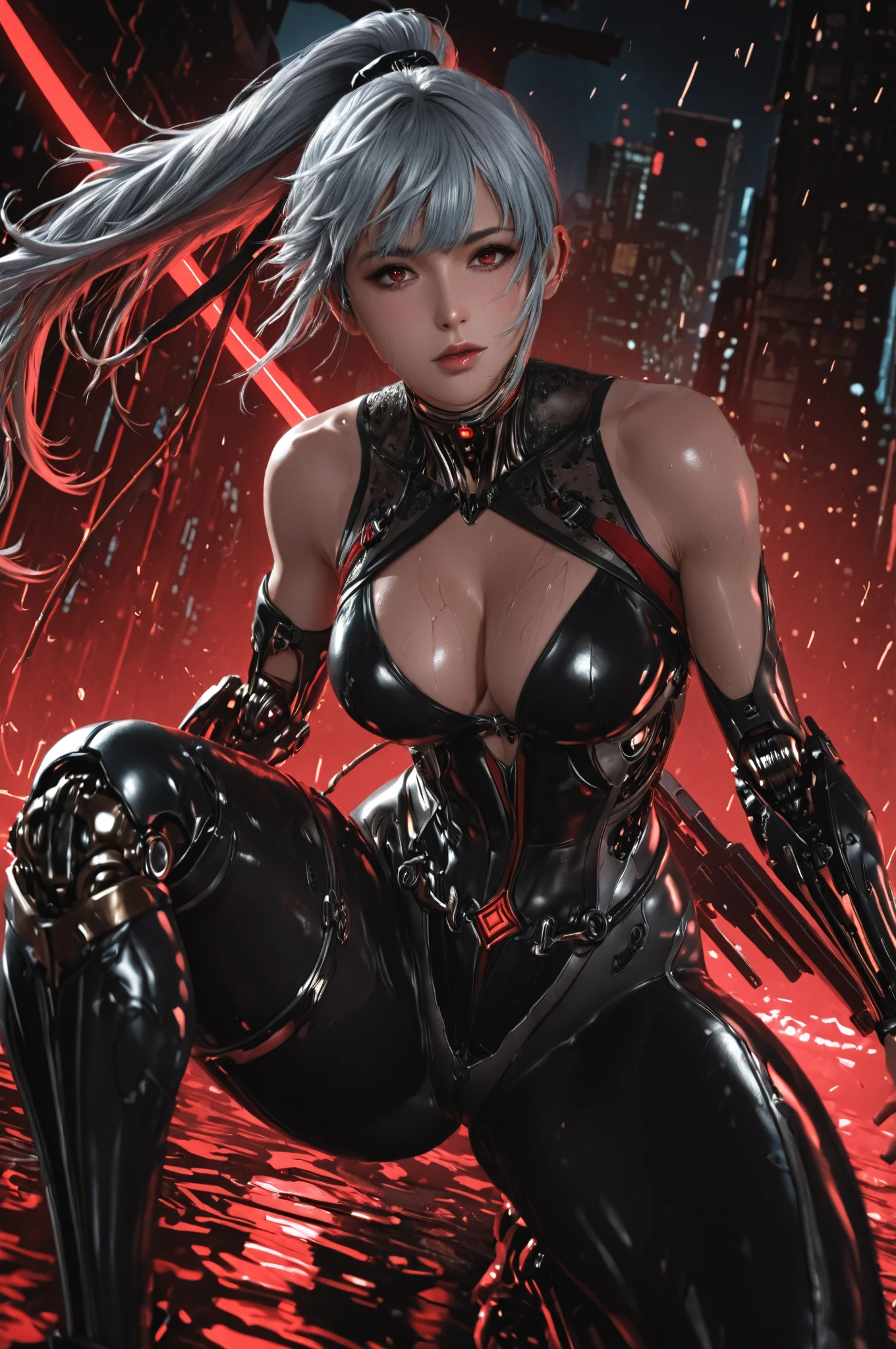 masterpiece, best quality, (photorealistic:1.4), (ultra detailed:1.3), unity 8k wallpaper,1girl,(mecha:1), (realistic:1.3), finely detailed, quality, (masterpiece:1.2), (photorealistic:1.2), (best quality), (detailed skin:1.3), cinematic full body photo of skinny goth assassin girl, cyber eyes, cyberpunk art style, (dynamic pose:1.4), (white long hair:1.3), <lora:mecha-000009 (1):0.4>, . 35mm photograph, film, bokeh, professional, 4k, highly detailed, <lora:add_detail:1> <lora:EnvyGothXL01:1.1:1.1:lbw=ALL>