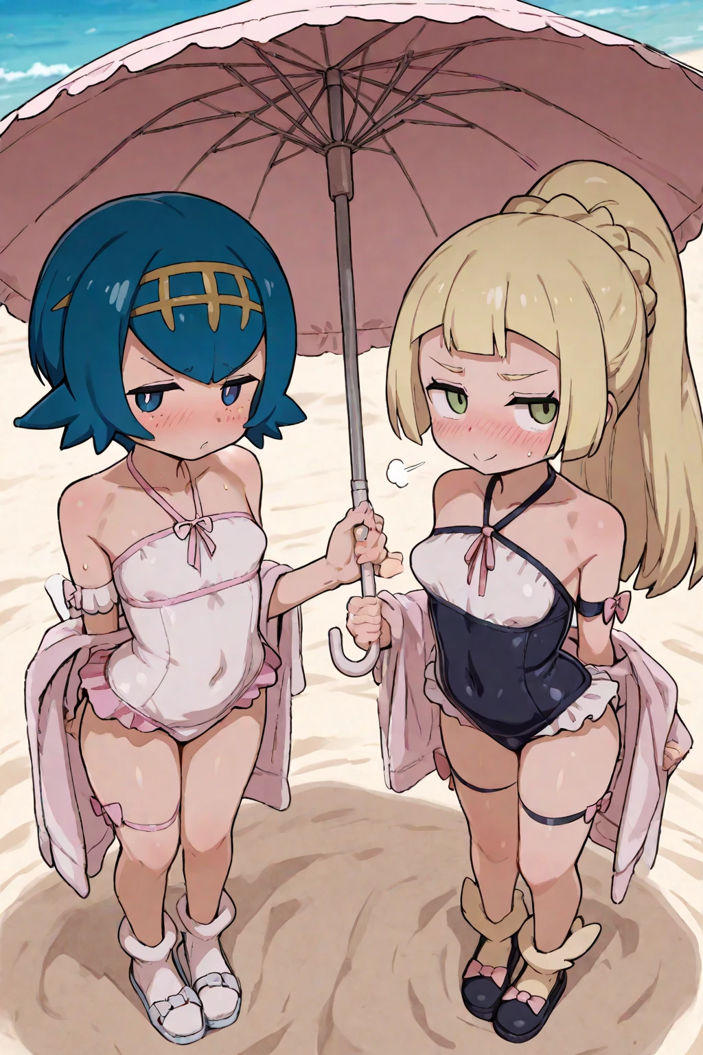 2 girls, blue detailed eyes, Long blonde hair, improvisierter Knebel, Klebebandknebel, GEKNEBELT, Klebeband, festgebunden, Arms behind the back, gefesselte Arme, white Bikini, blushing, Tape gag, Standing, beach in the background, big , Long hightucked ponytail, nahe Kamera perspektive, both Tied up