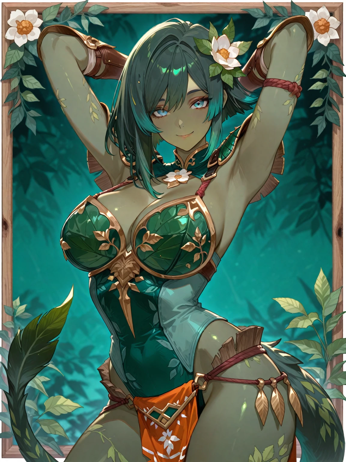 <lora:layla1-000010:0.7>, layladef, smile, blush, short hair, looking at viewer,jungle, fern, ( leaf bikini:1.2), <lora:leaf_bikini-000004:0.8>,full body, smoldering splinters,fireflies, (night:1.2), bonfire, (spread legs:1.2), masterpiece, best quality, highly detailed, (8k), (4k), HDR, beautiful detailed girl, beautiful detailed face, beautiful detailed eyes, perfect shadow, masterpiece, best quality, perfect skin, shiny skin, perfect hands, perfect girl,