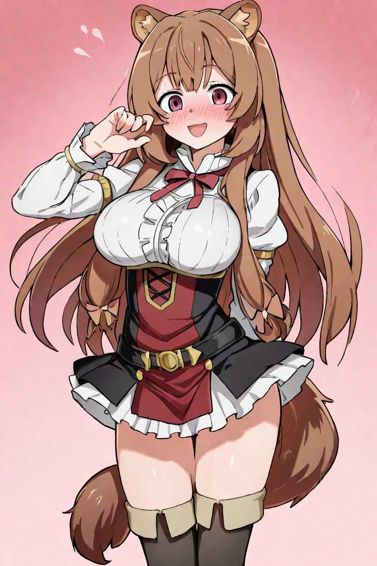 jk, 2d art, 2d render, splash art, illustration, digital art, hard shading, 1girl, :3, :p, animal ears, blue eyes, blush, breasts, brown hair, cat ears, long hair, looking at viewer, medium breasts, personification, simple background, smile, solo, tongue, tongue out, underboob, white background, incredibly absurdres, best quality