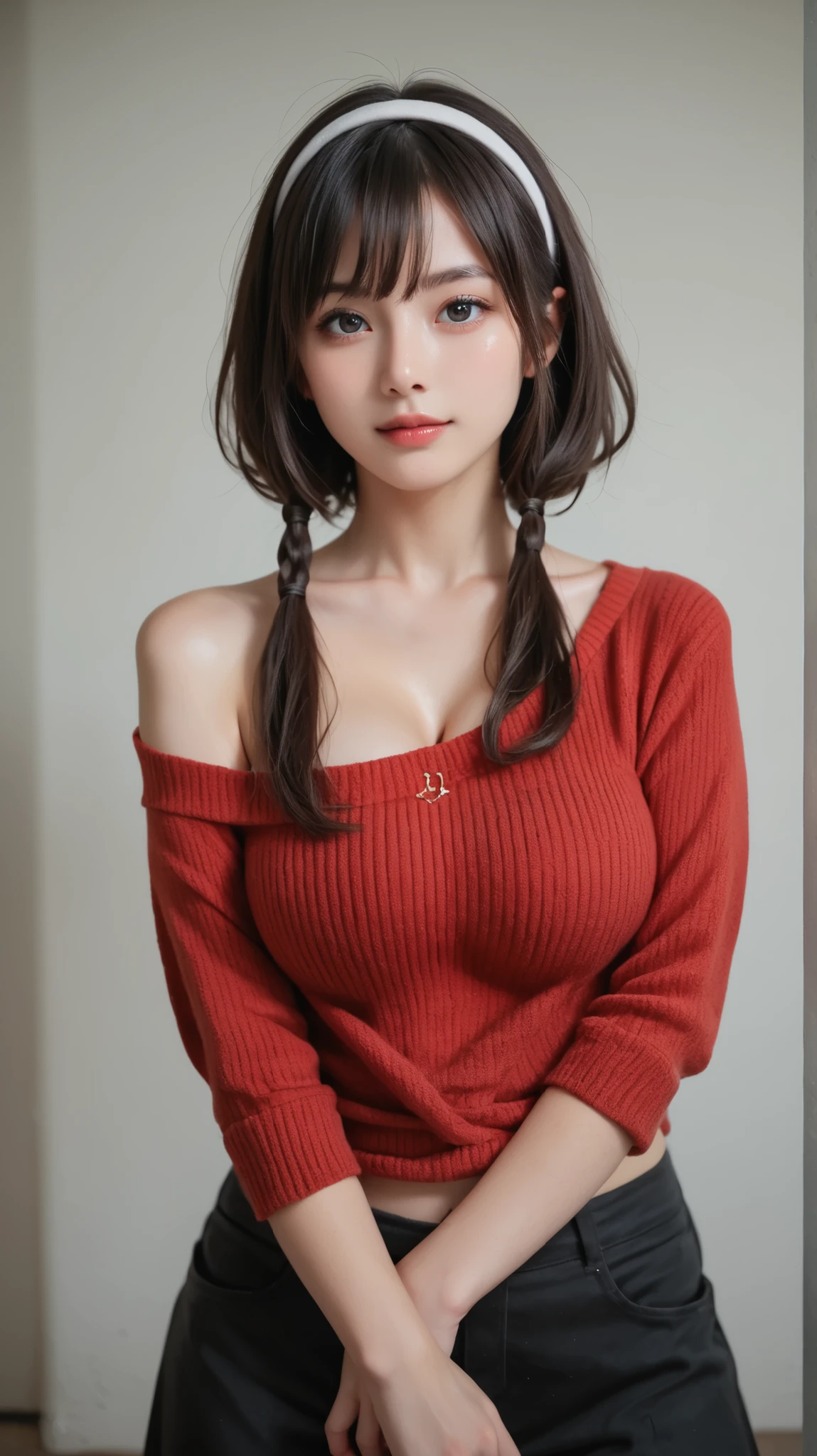 YorForger, ultra detailed face and delicate eyes, score_9, score_8_up, ultra detailed, beautiful eyes, masterpiece, best quality, hyper realistic, ultra high res, raw photo, 1girl, solo, beautiful young woman, perfect body, huge breasts, upper body, realistic skin texture, shiny skin, black hair, (short hair with long locks), white hairband, (offshoulder red knit onepiece), black pantyhose, boots, indoor, living room