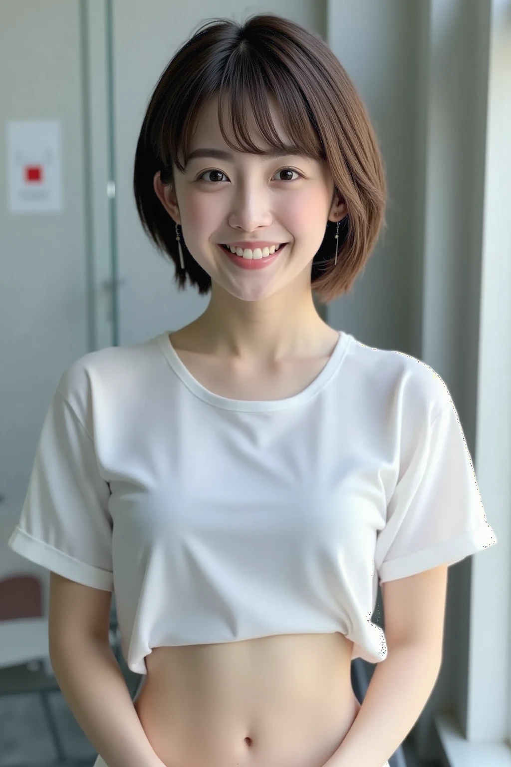 (natural lighting:1.3), 8k, RAW photo, best quality, masterpiece, realistic, photo-realistic, clear, beautiful face, no makeup, best quality, ultra high res, BREAK, Japanese cute girl, 14 years old, (short cut hair:1.2), smile, standing