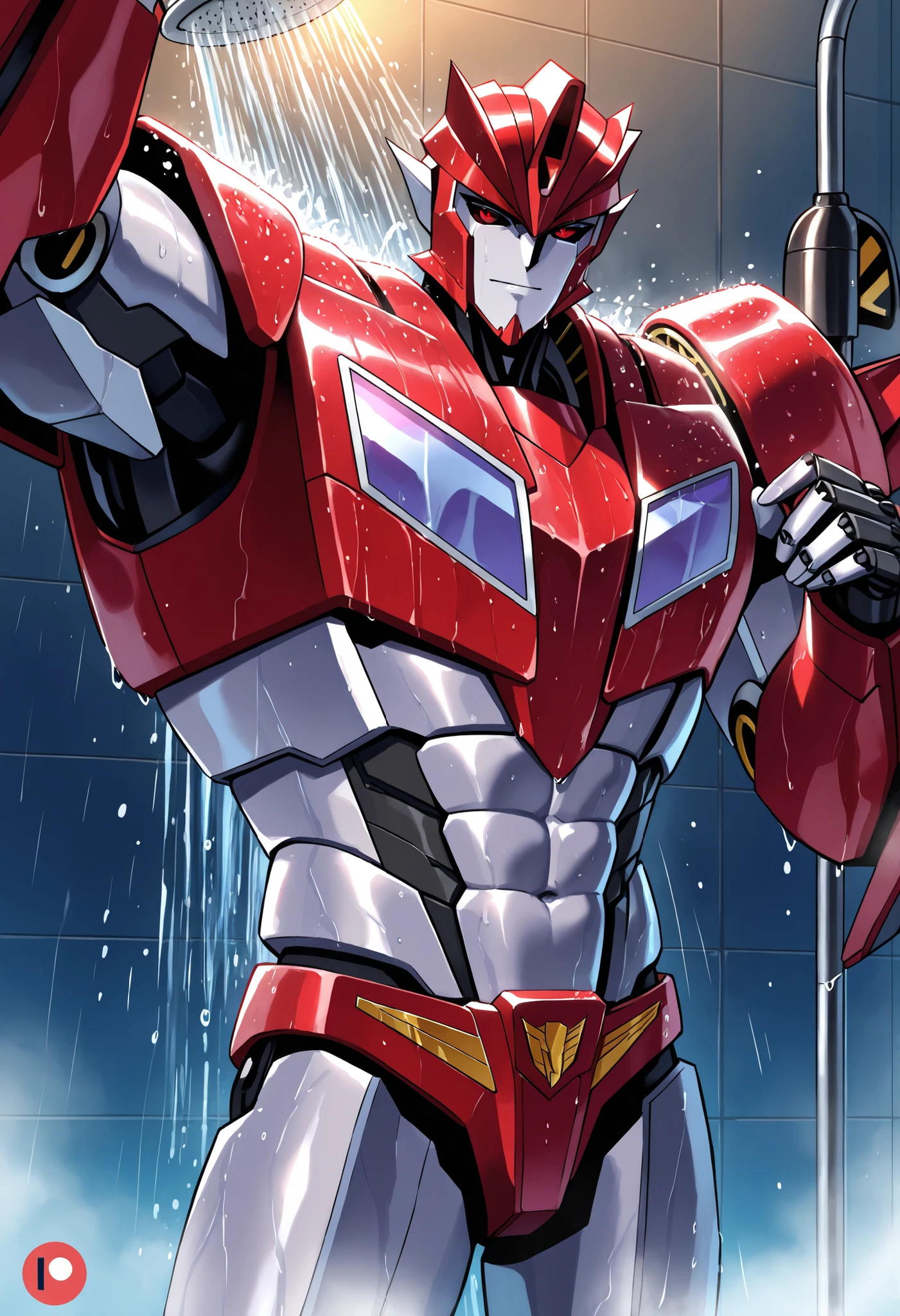 knockoutpdxl, mecha, humanoid robot, decepticon, red eyes, black sclera, abs, biceps, pecs, active shower, steam, dynamic pose