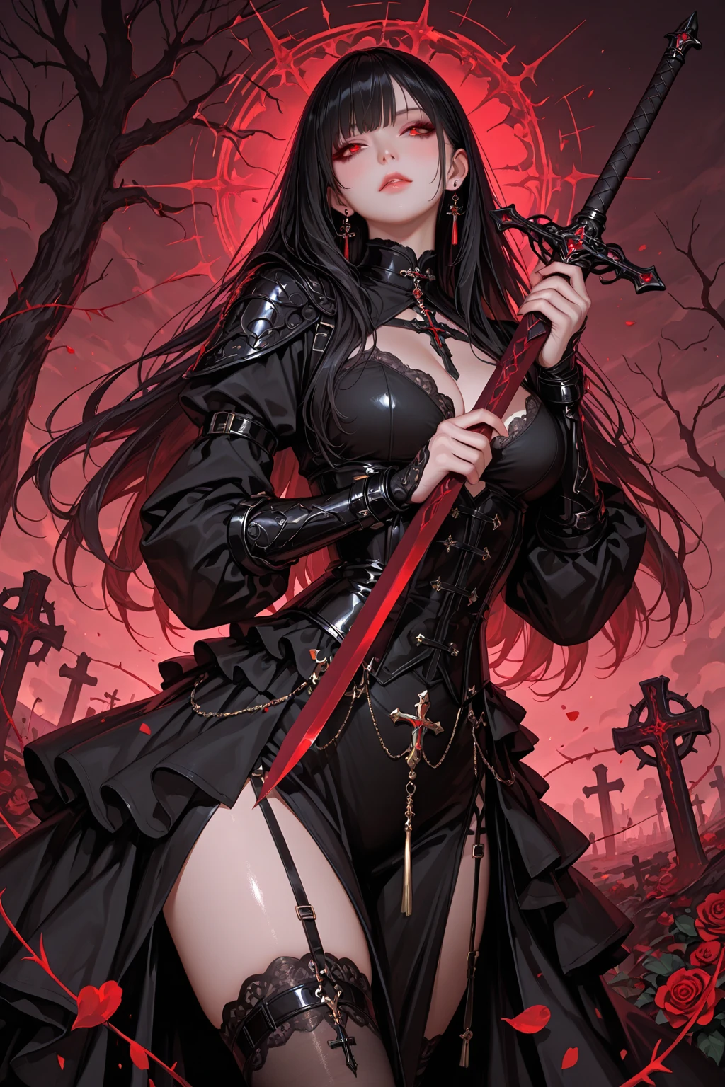 (masterpiece:1.1), (best quality:1.1), (flat colors:1.2), BREAK,
(dark fantasy:1.1), (red theme:1.1), BREAK,
(solo:1.2), (full body pose:1.0), (hourglass body shape), (High heel boots:1.5), (dynamic:1.0), (nun:1.1), (bio mechanical:1.0), (cybernetic parts:1.1), (large breasts:1.0), (tactical vest:1.0), (with buckle and tape:1.0), (mouth mask:1.5), (make a blood sacrifice:1.8), (Skulls on the ground), nude, nsfw, In the artstyle of HR Giger,