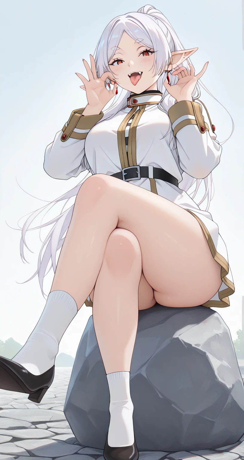 1girl, (angry), white hair, ((hourglass figure)), black tights, (from below), looking at viewer, ((thick thighs)), ((pussy)), ((lingerie)), ((black lingerie)), ((naked breasts)), (nipples)