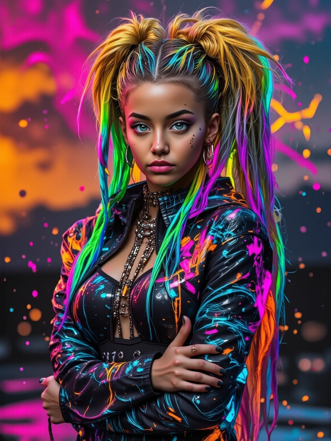 show all of her, head to toe shown, ariana grande, beautiful detailed eyes, beautiful detailed lips, extremely detailed eyes and face, long eyelashes, neon green rave outfit, Carrying green glow stick wands and wearing glowing jewelry, taking off an ankle length black leather jacket, inside a crowded neon lit rave club, friendly and flirtatious expression, photorealistic, 8k, (best quality,4k,8k,highres,masterpiece:1.2),ultra-detailed,(realistic,photorealistic,photo-realistic:1.37),HDR,UHD,studio lighting,ultra-fine painting,sharp focus,physically-based rendering,extreme detail description,professional,vivid colors,bokeh (Attention: Show her from head to toe, full body shown, show all of her)