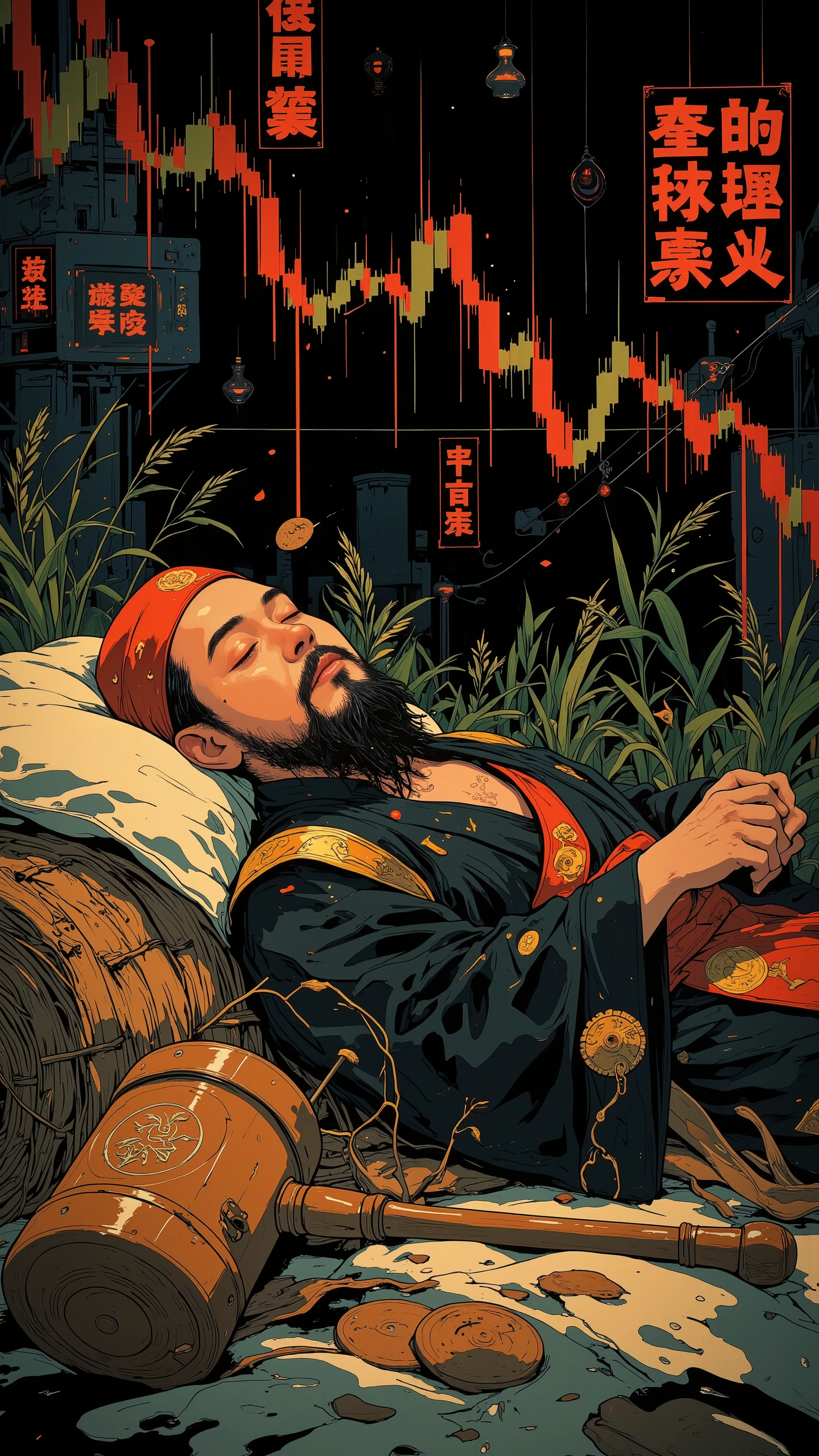 (Holographic stock market crash chart :1.3)(Downtrend Chart),(A holographic stock market Downtrend Chart is overlaid :1.2),Daikokuten sleeping peacefully、gentle expression、Half-open mouth、Black priest's robes gently spread out、plump figure, Red loose Buddhist robes, gold embroidery, red beret, white hakama ,Lying down with a large rice bale as his pillow、A large decorated wooden hammer with a short handle