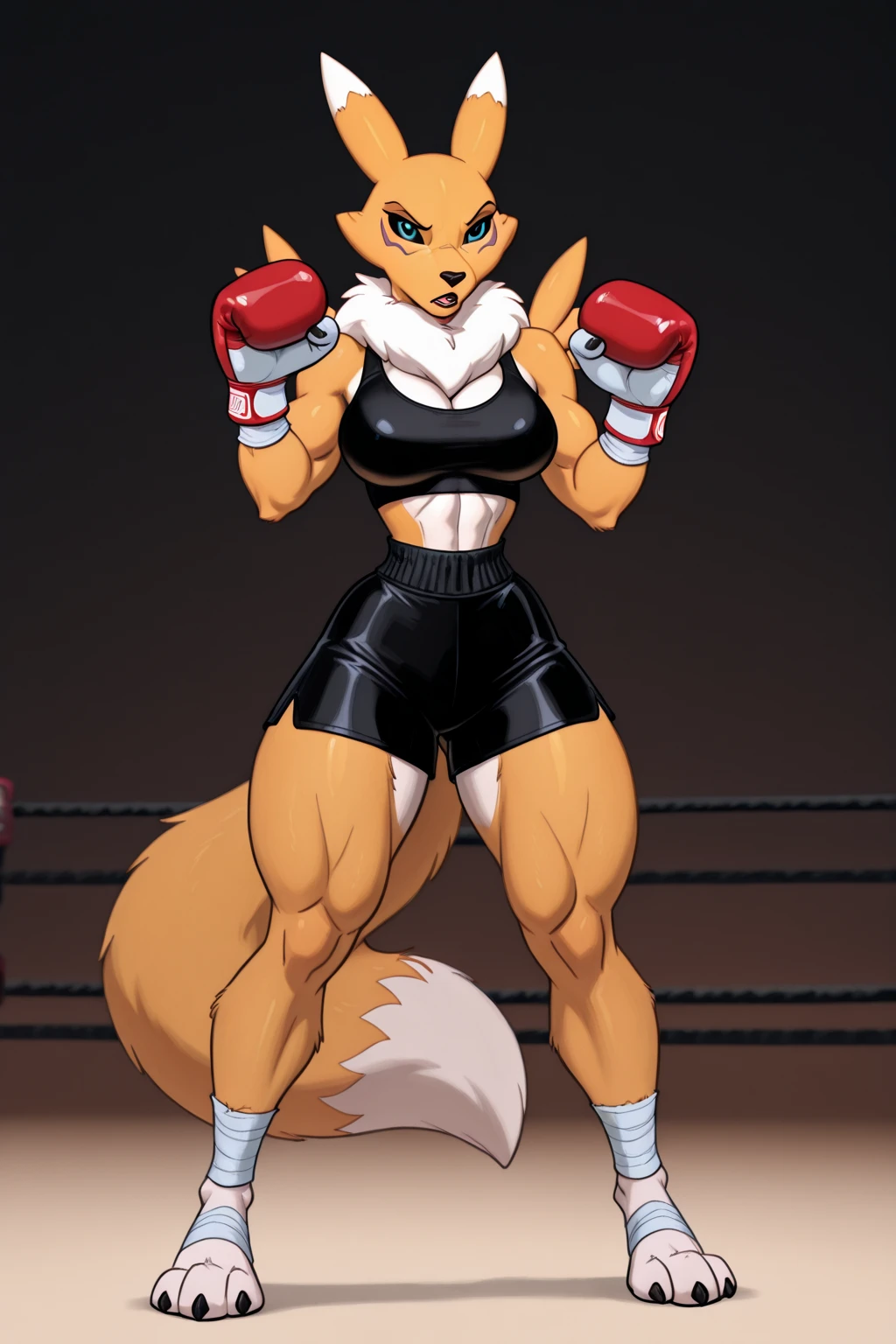 masterpiece, Best quality, Fox, Slim physique, weak, short hair, in a blue bra, in blue shorts with white line, in white UFC gloves, Standing in the UFC ring